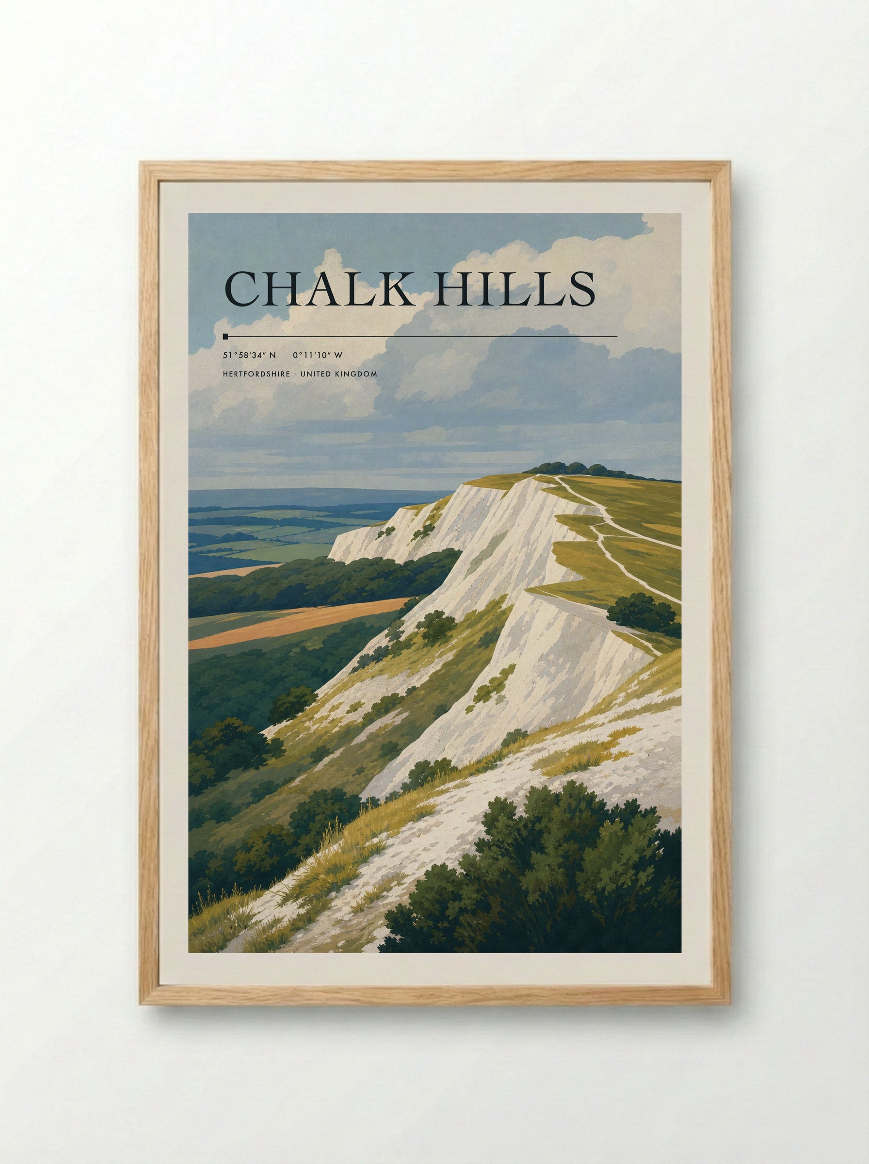 chalk hills Hertfordshire United Kingdom Travel Poster - Framed Print Wood