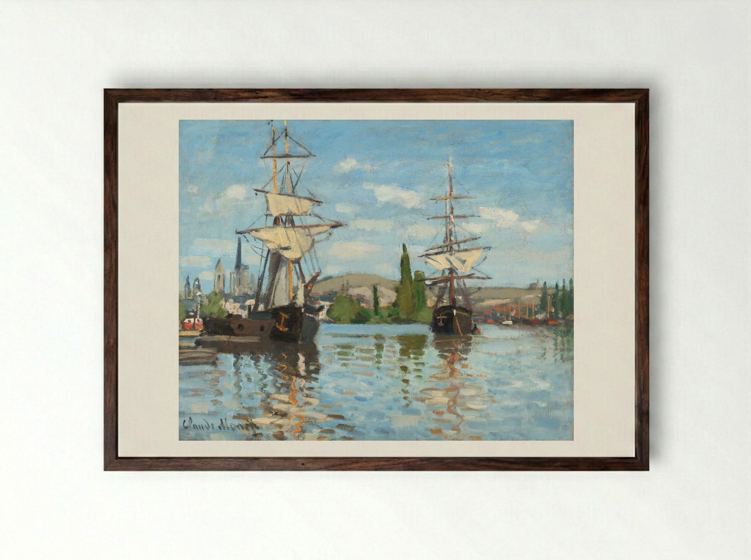 Ships Riding on the Seine at Rouen - Claude Monet - Framed Print Dark Wood
