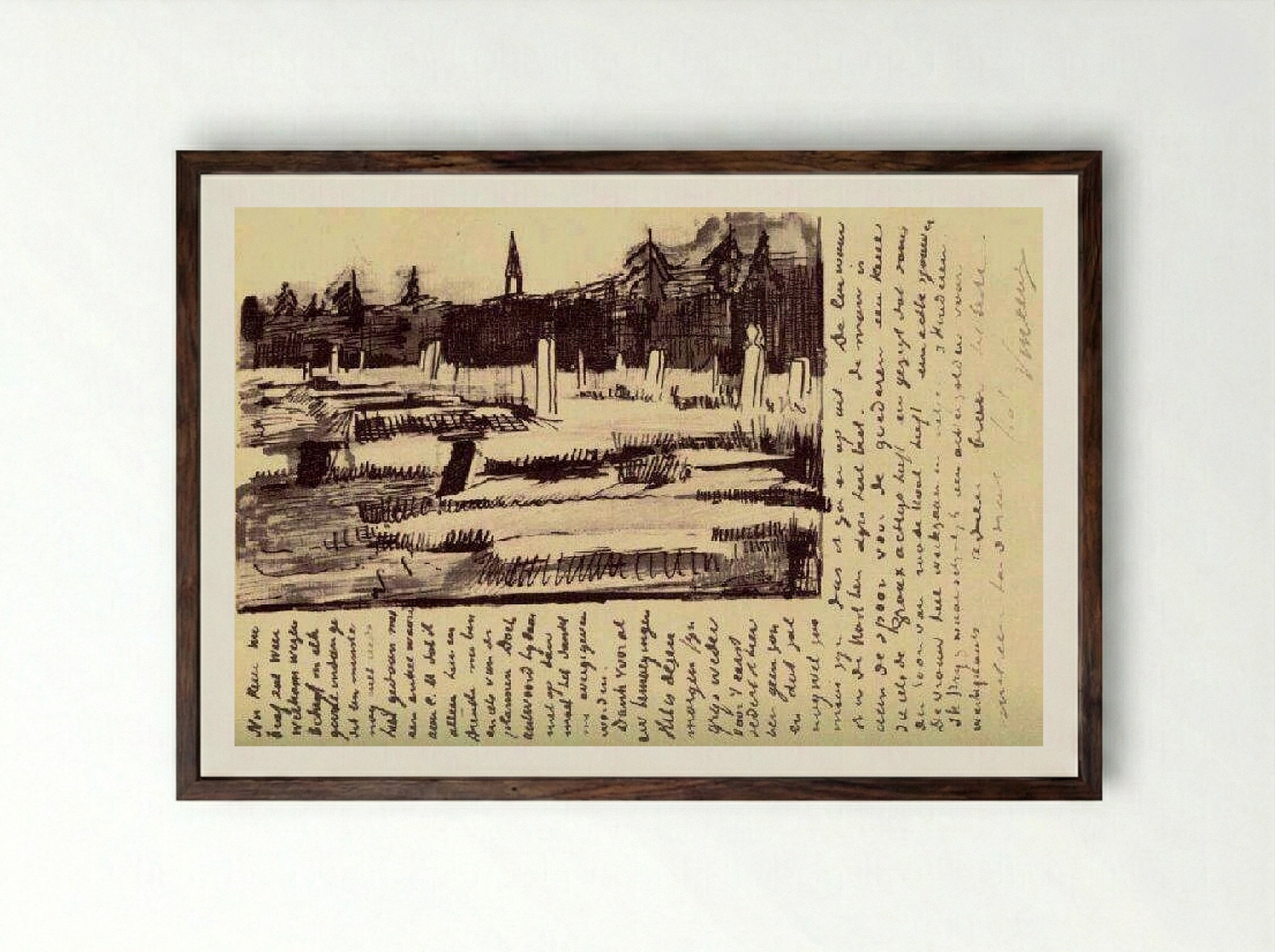 Cemetery at Nuenen in the Snow - Vincent van Gogh - Framed Print Dark Wood