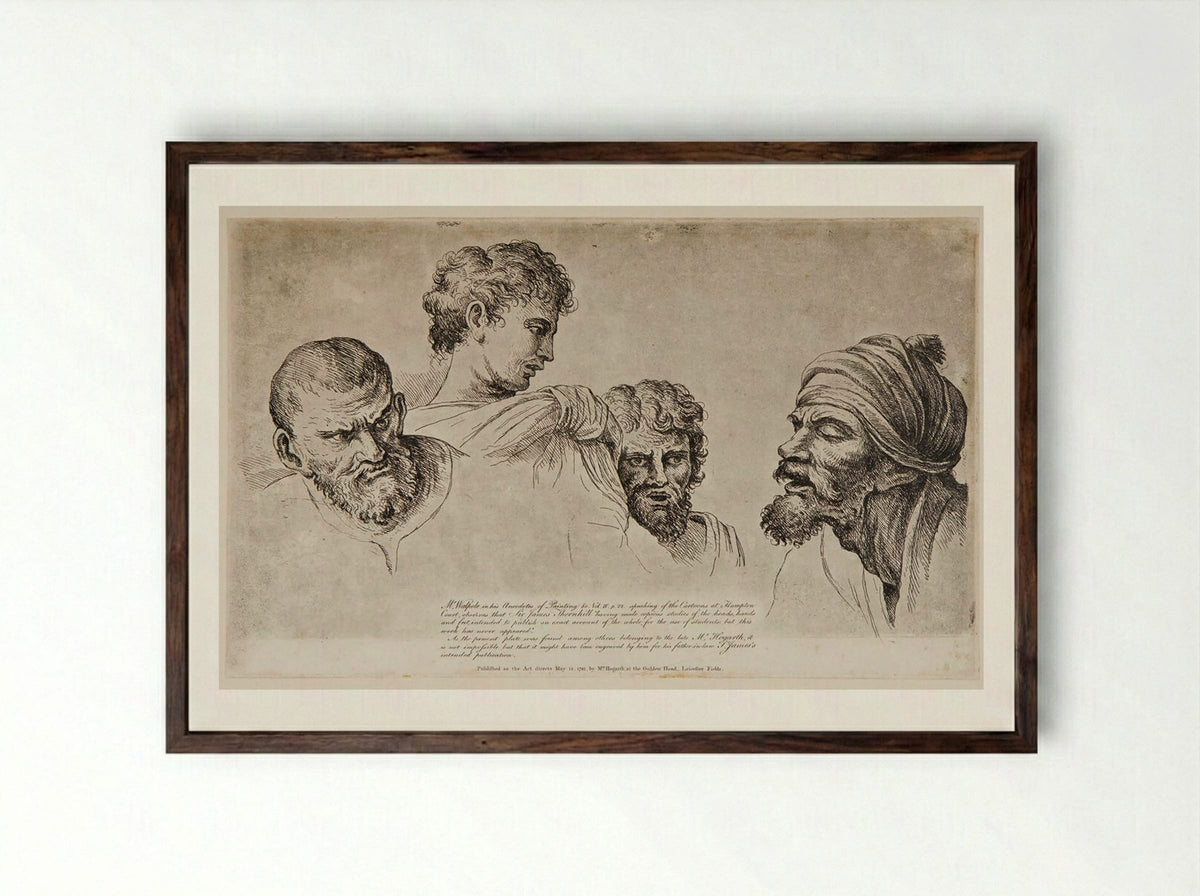Four Heads from the Raphael Cartoons at Hampton Court - William Hogarth - Framed Print Dark Wood