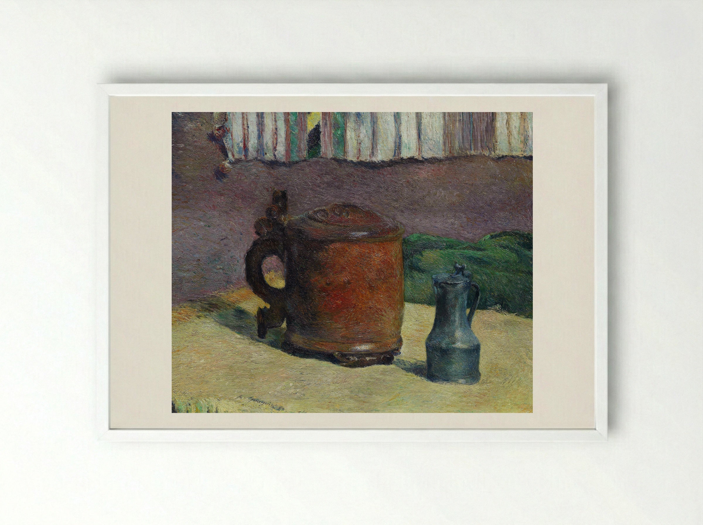 Still Life with Wood Tankard and Metal Pitcher - Paul Gauguin - Framed Print White