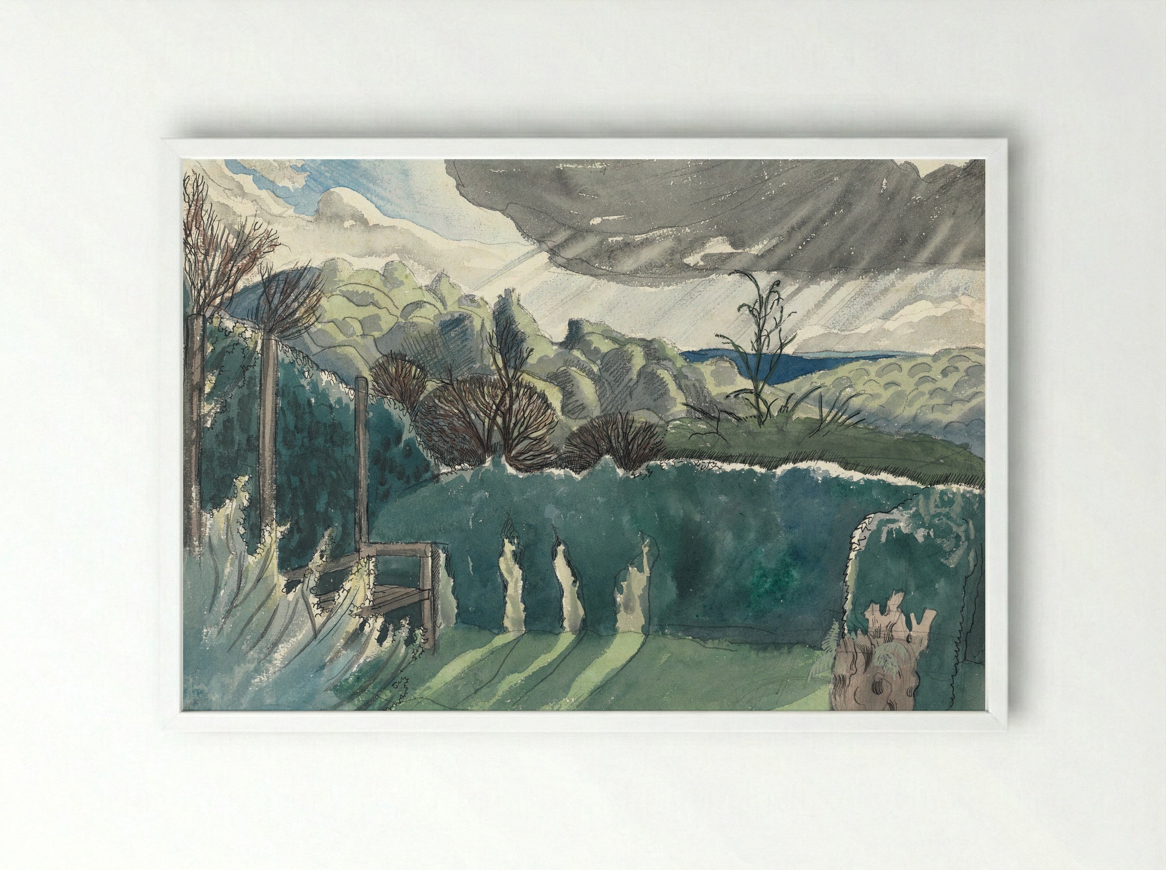 Landscape with Hedge and Distant Hills - Paul Nash - Framed Print White