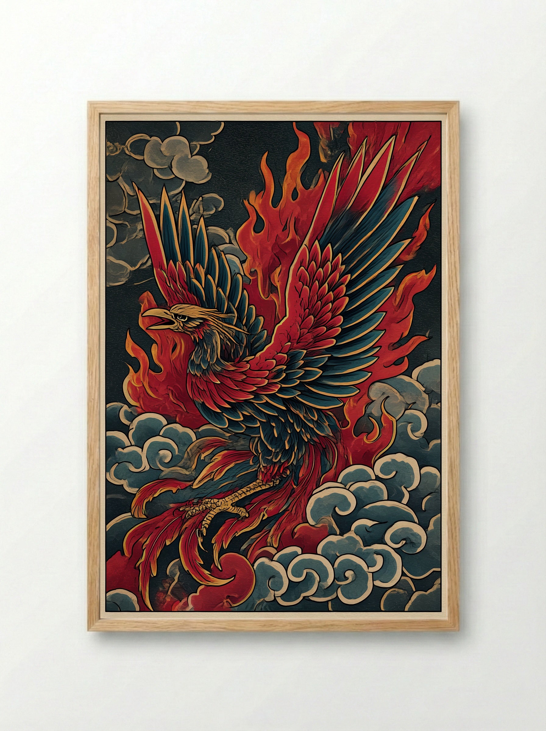 Phoenix Rising from Flames - Japanese Inspired Art Print - Framed Print Wood