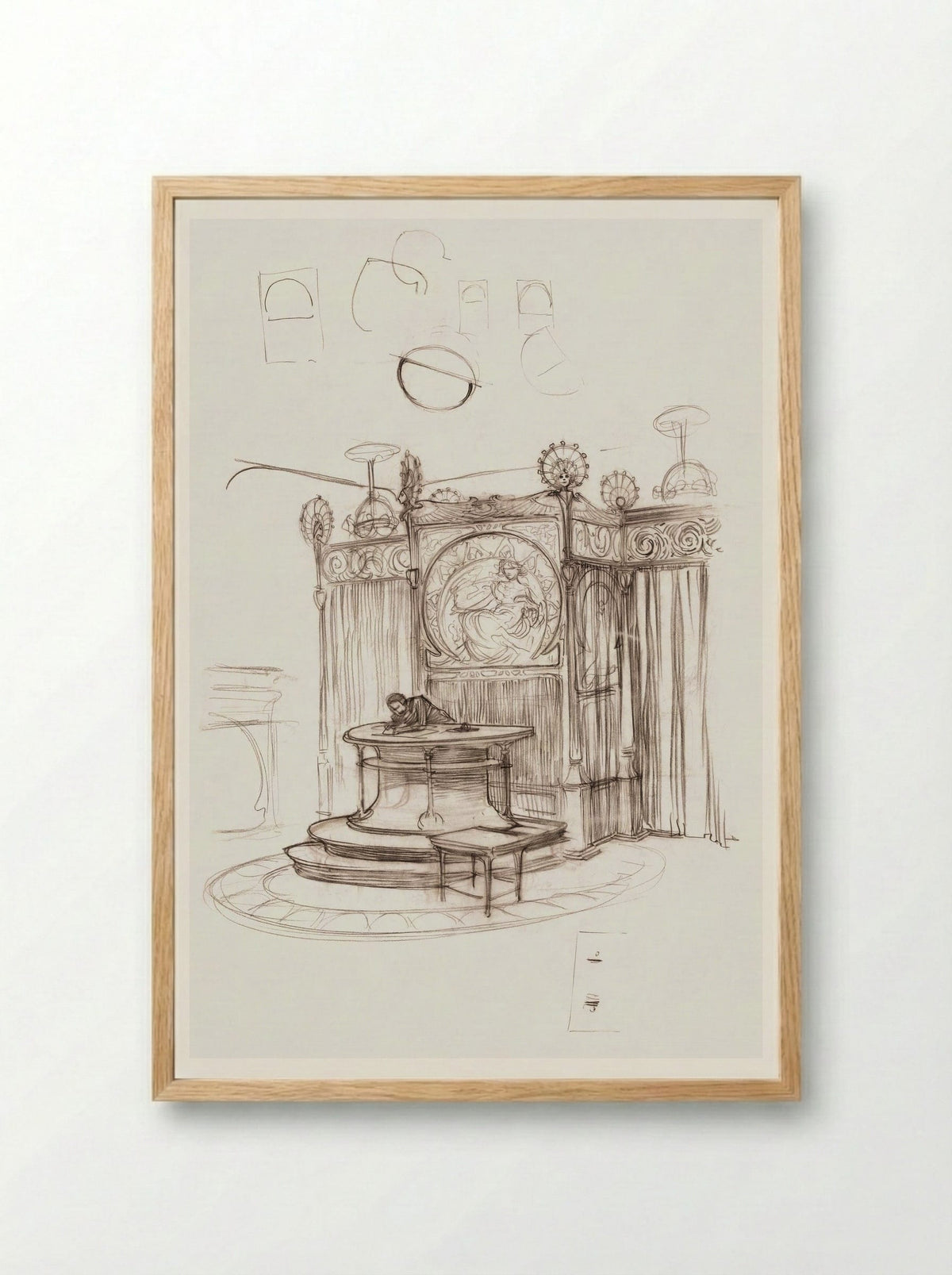 Sketch of an Office Interior - Alphonse Mucha - Framed Print Wood