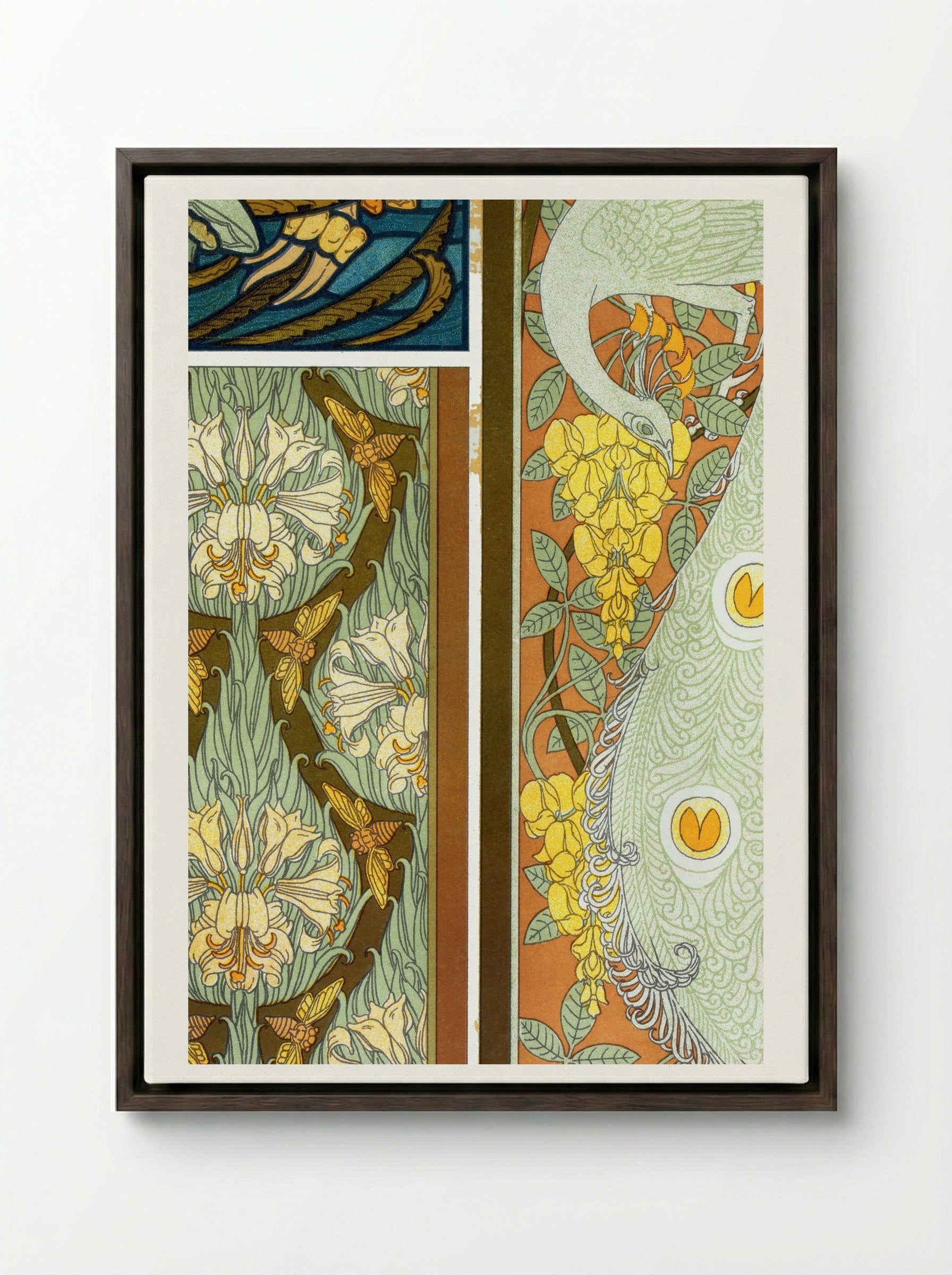 Meduses et Algues, Vitrail. Cigales et Lis, Paons et Cytise, Bordures (Plate 17 from L'animal dans la décoration) - Maurice Pillard Verneuil - Framed Canvas Dark Wood