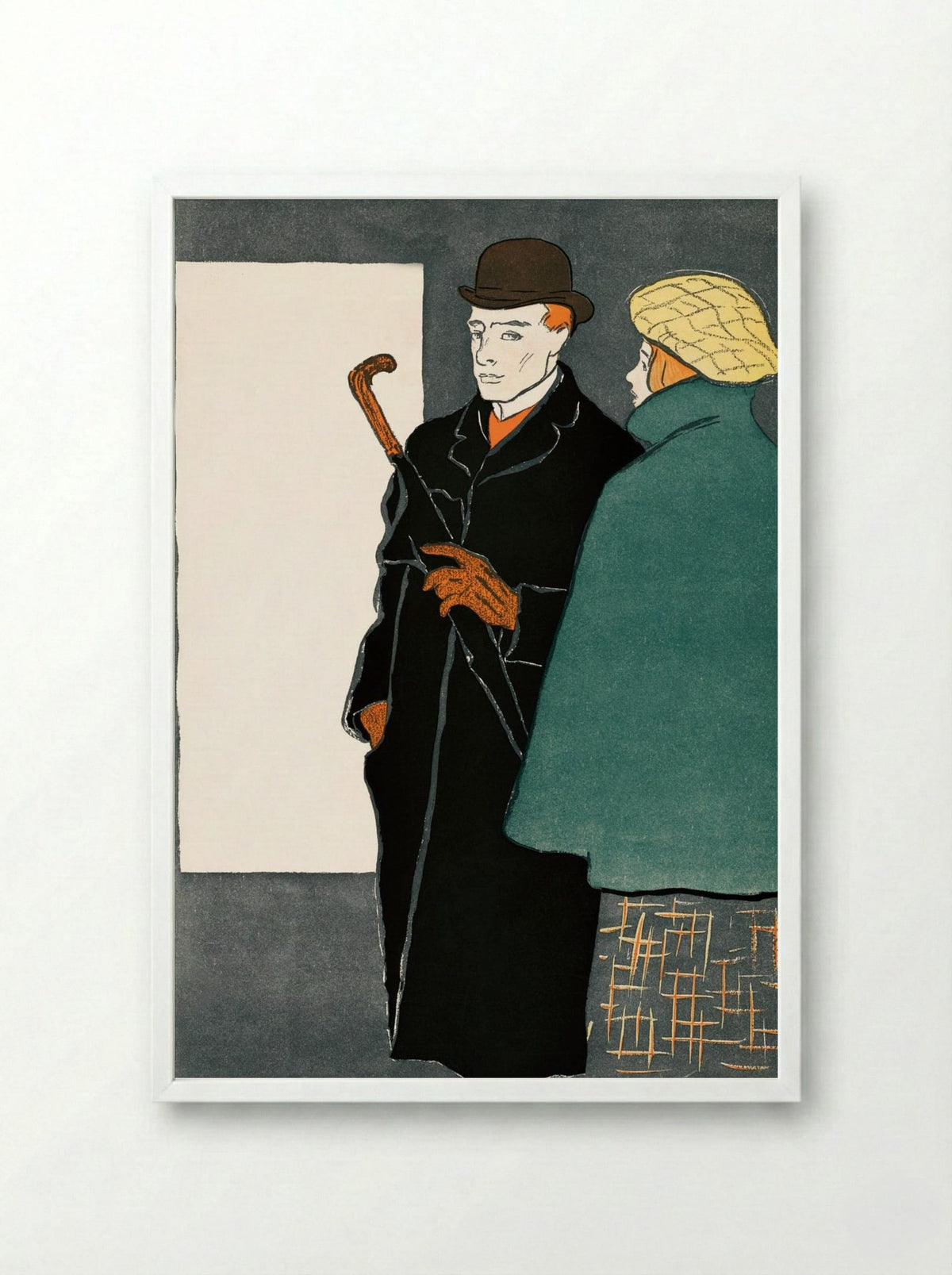 Man with Walking Stick and Woman - Edward Penfield - Framed Print White