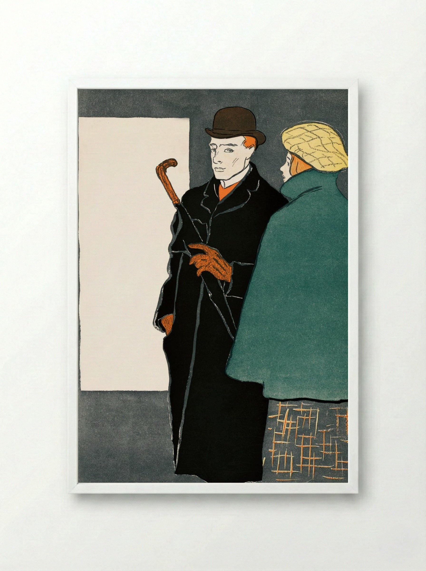 Man with Walking Stick and Woman - Edward Penfield - Framed Print White