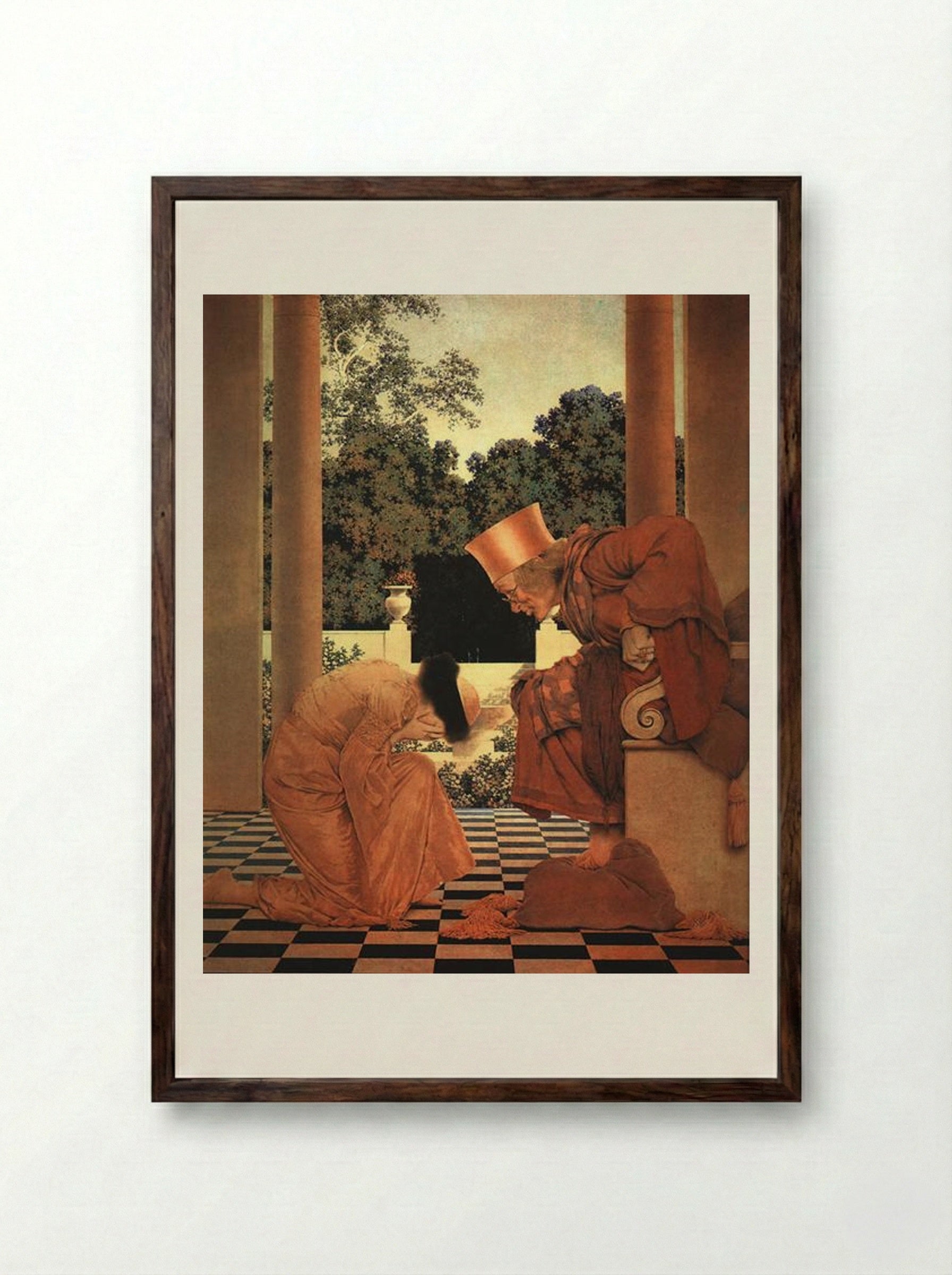 Lady Ursula Kneeling before Pompdebile (from The Knave of Hearts) - Maxfield Parrish - Framed Print Dark Wood