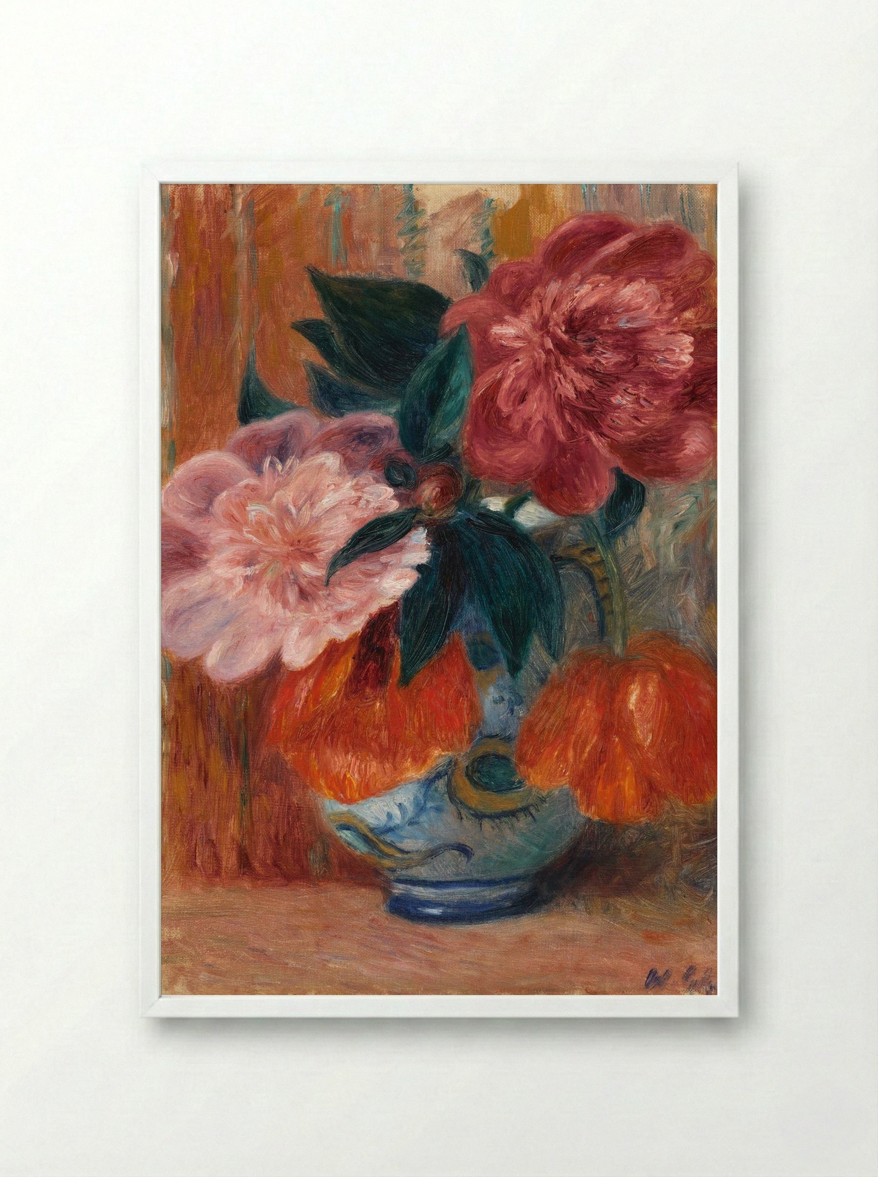 Tulips and Peonies in Pitcher - William James Glackens - Framed Print White