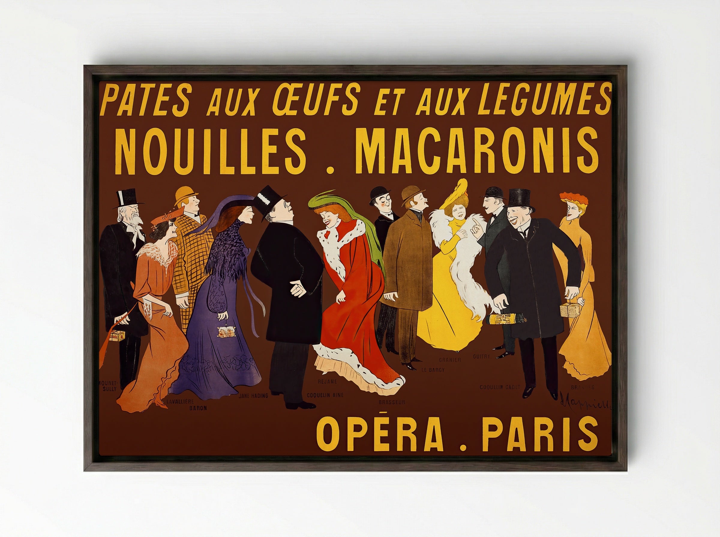 Célébrités tenant des paquets de pâtes (Opera, Paris) - Leonetto Cappiello - Framed Canvas Dark Wood