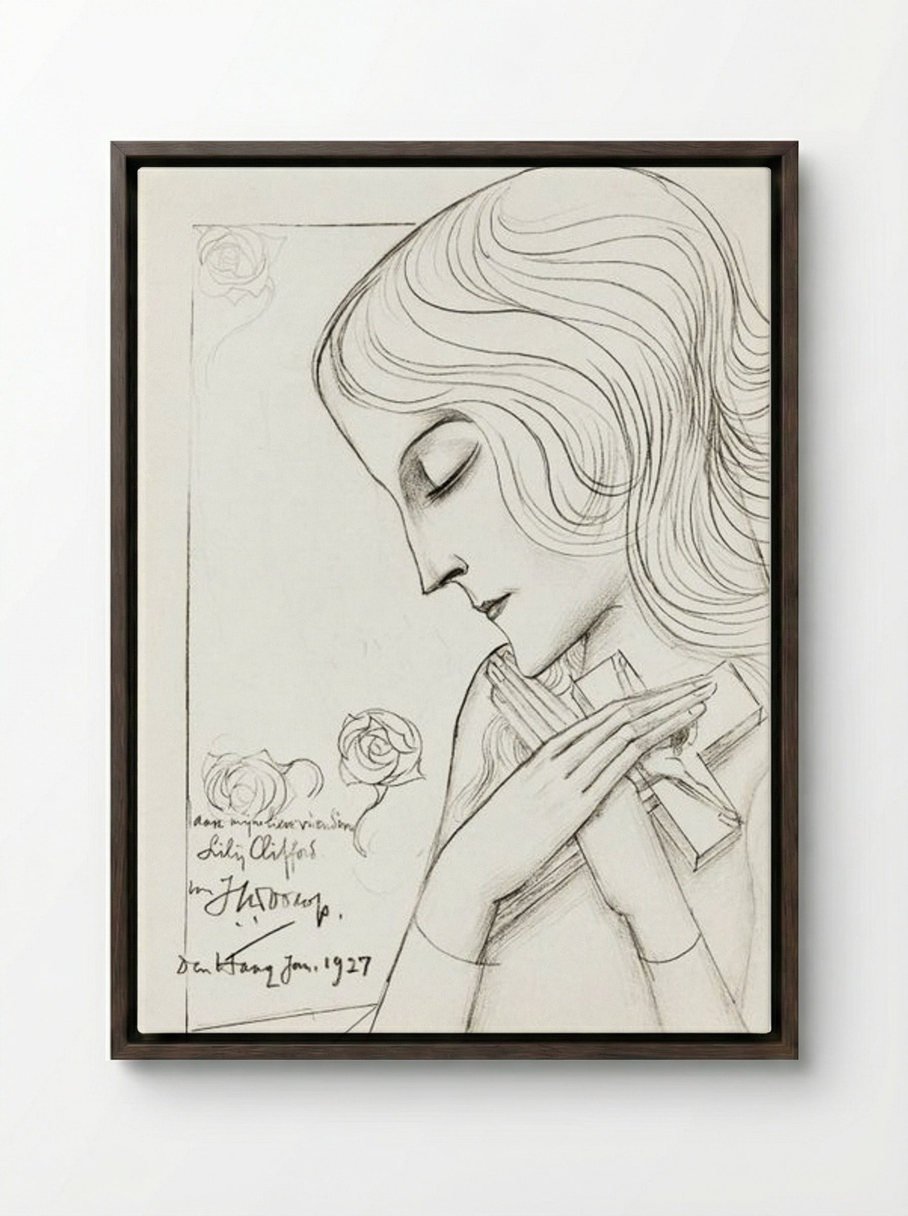 Young Girl Holding a Cross in Meditation - Jan Toorop - Framed Canvas Dark Wood