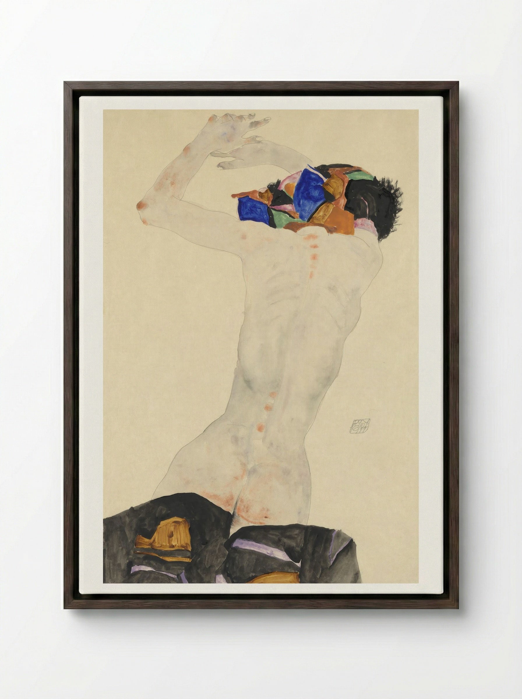 Reclining Nude with Colourful Cloth - Egon Schiele - Framed Canvas Dark Wood