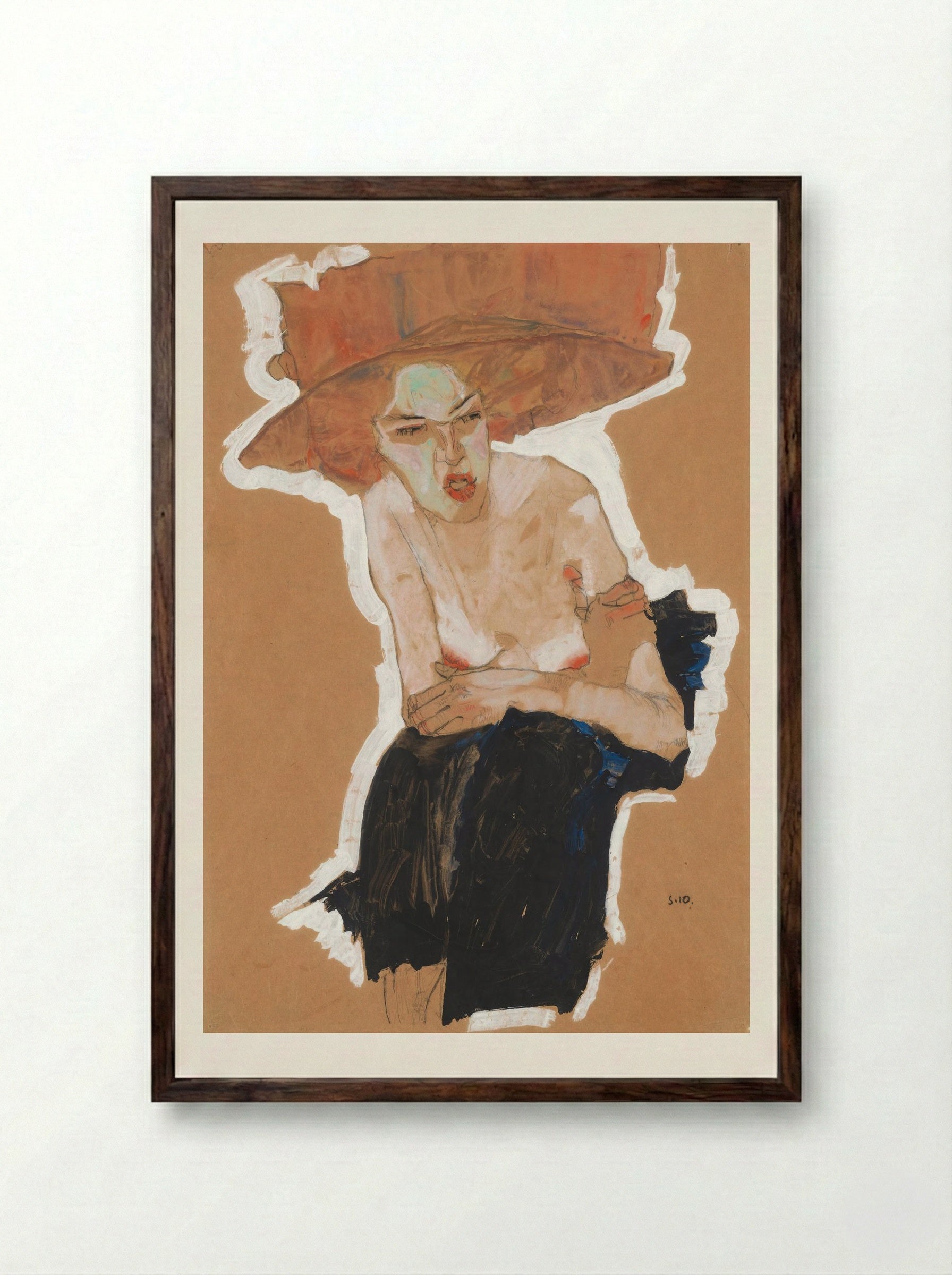 Die Heimische (Woman with Hat) - Egon Schiele - Framed Print Dark Wood