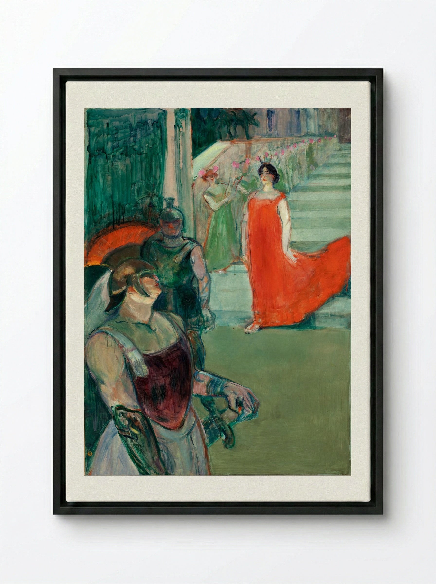 The Opera Messalina at Bordeaux: Messaline Descends the Staircase Bordered by Extras - Henri de Toulouse-Lautrec - Framed Canvas Black