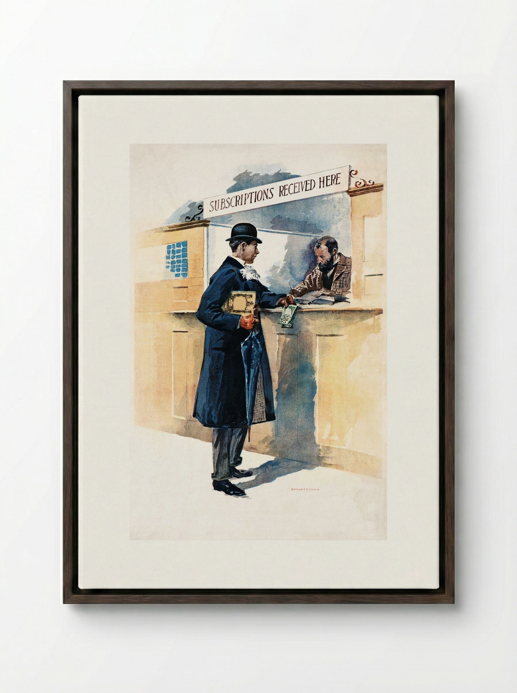 Man Getting Subscriptions - Edward Penfield - Framed Canvas Dark Wood