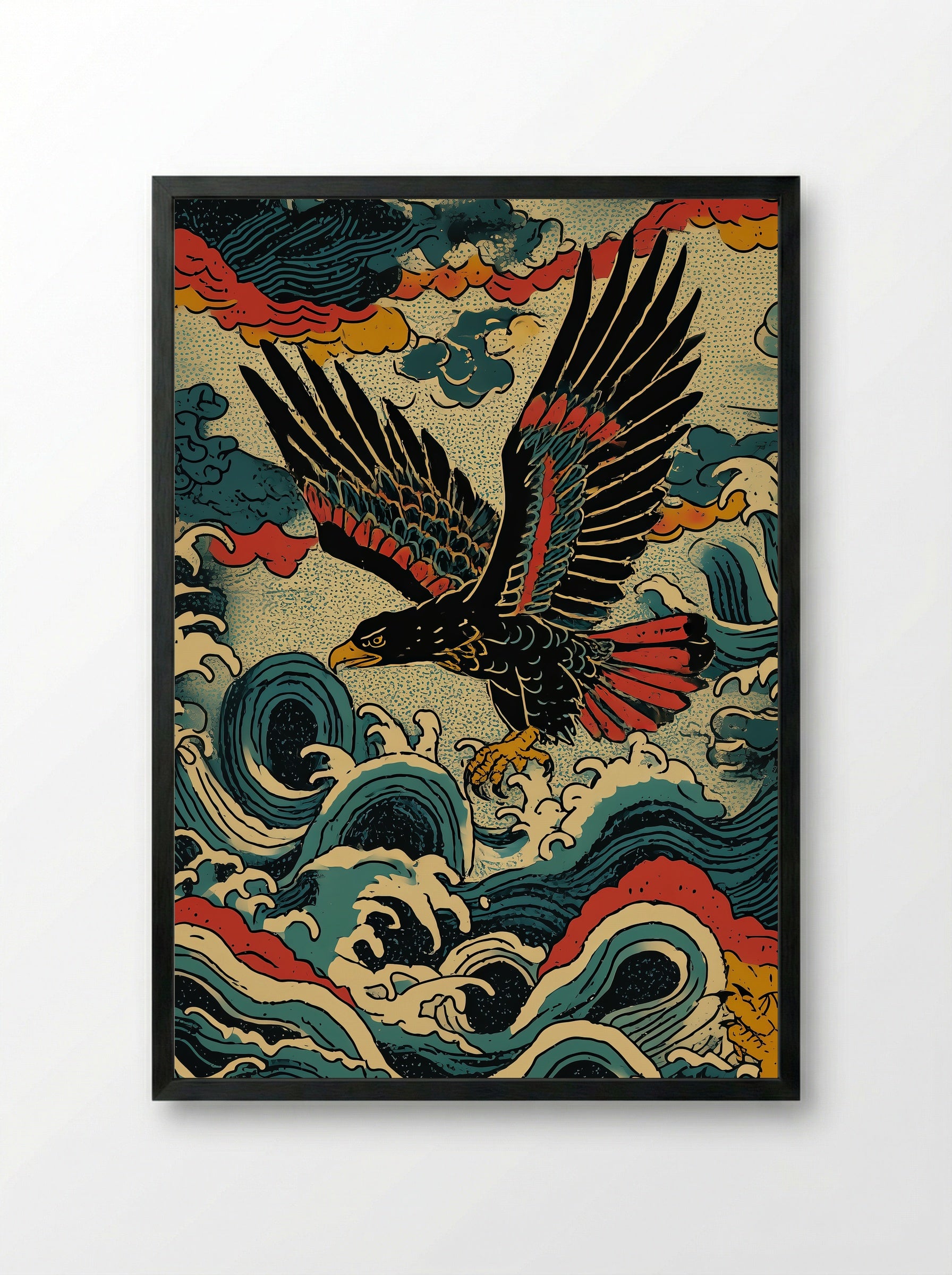 Eagle in Stormy Seas - Japanese Ukiyo-e Inspired Art Print - Framed Print Black