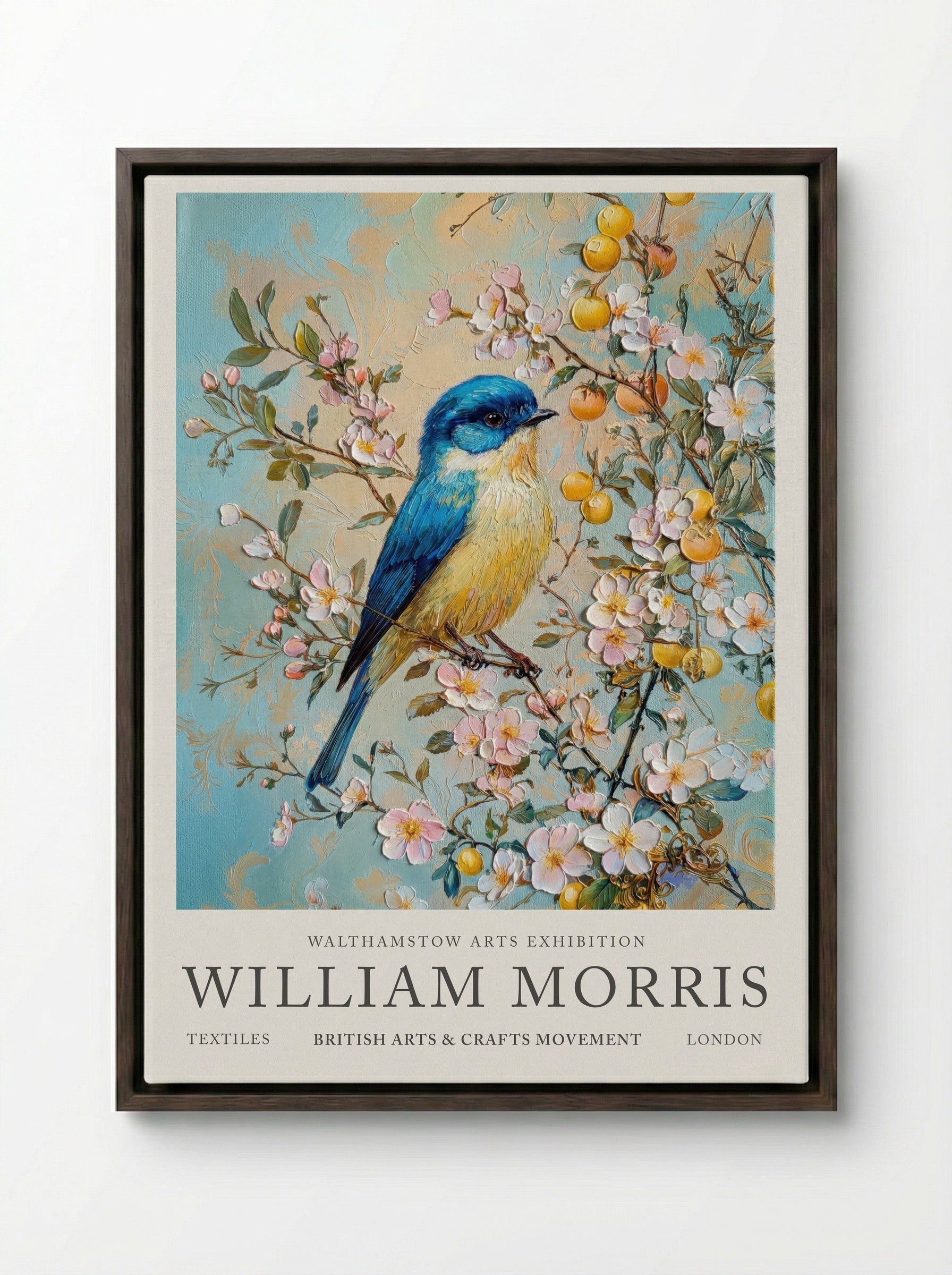 Blue Tit Beauty - William Morris - Framed Canvas Dark Wood