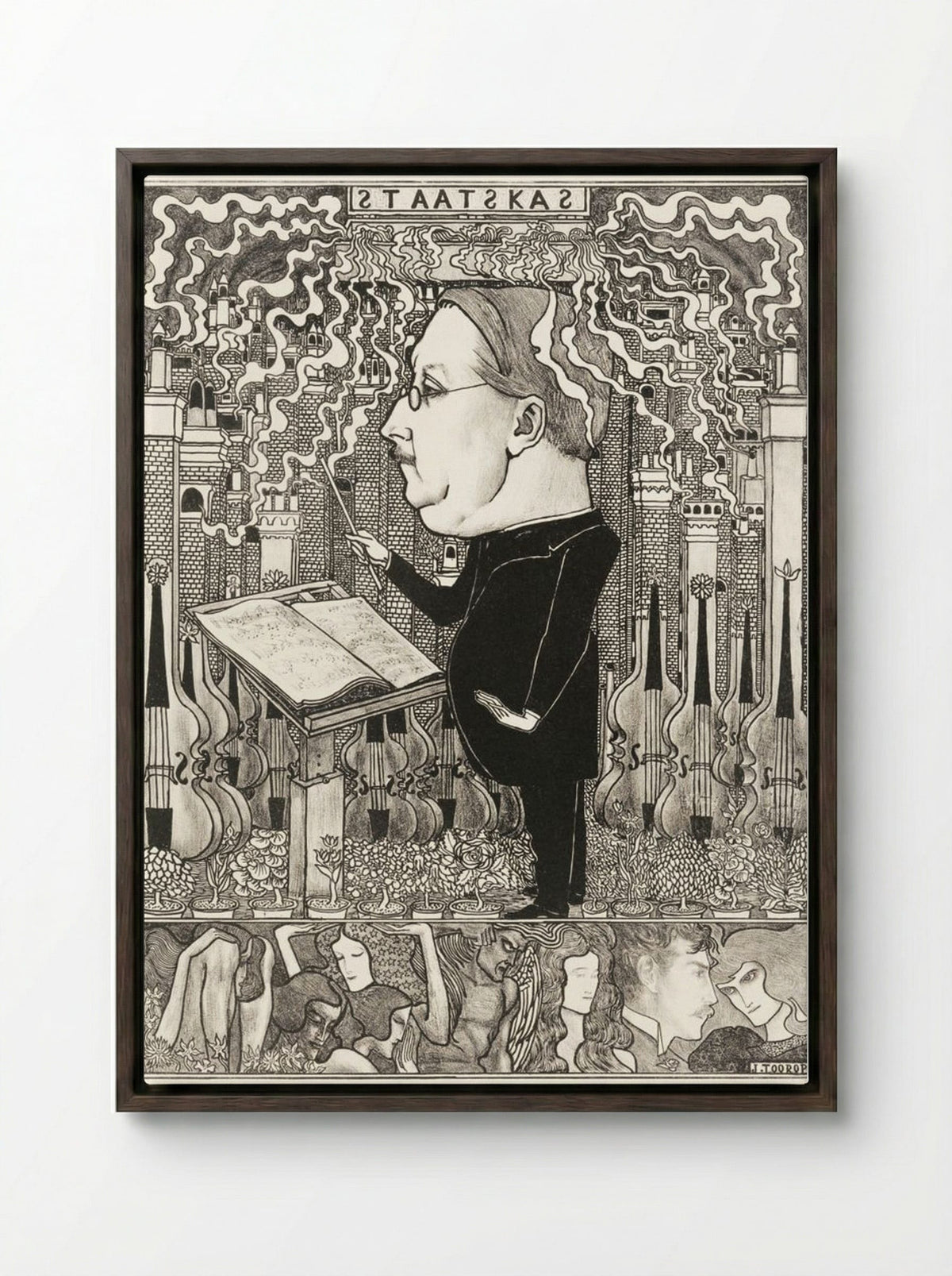 Conductor with Violins and Smoking Chimneys Behind - Jan Toorop - Framed Canvas Dark Wood
