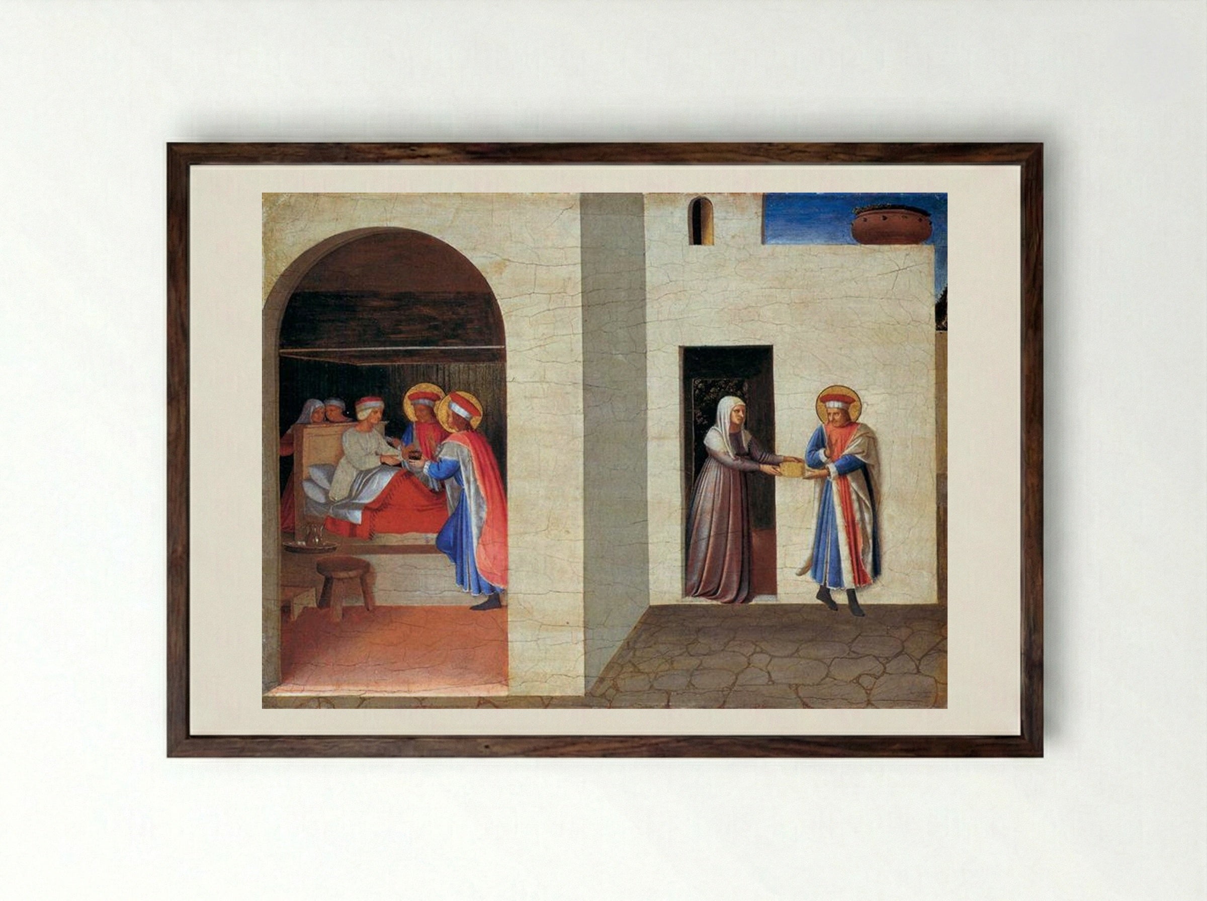 The Healing of Palladia by Saint Cosmas and Saint Damian - Fra Angelico - Framed Print Dark Wood