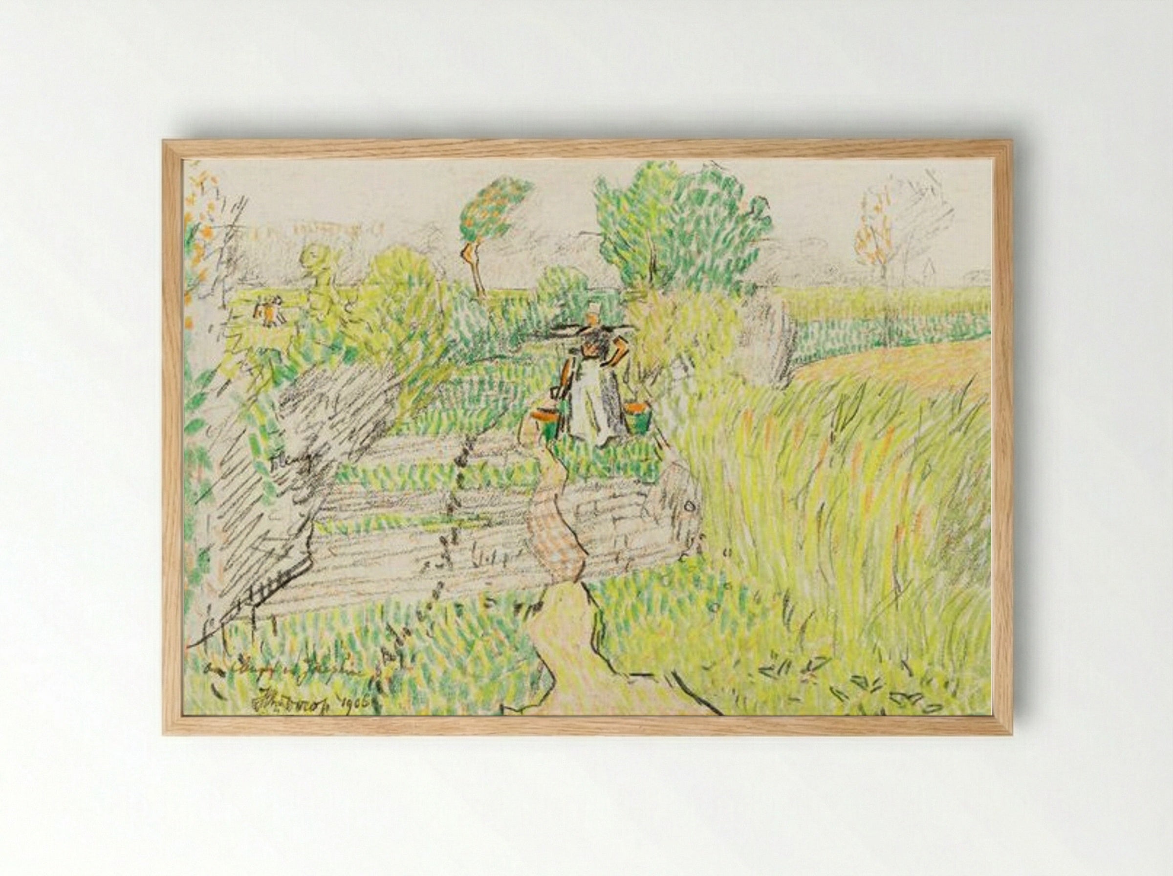 Peasant Woman with Milk Buckets in a Wheat Field - Jan Toorop - Framed Print Wood