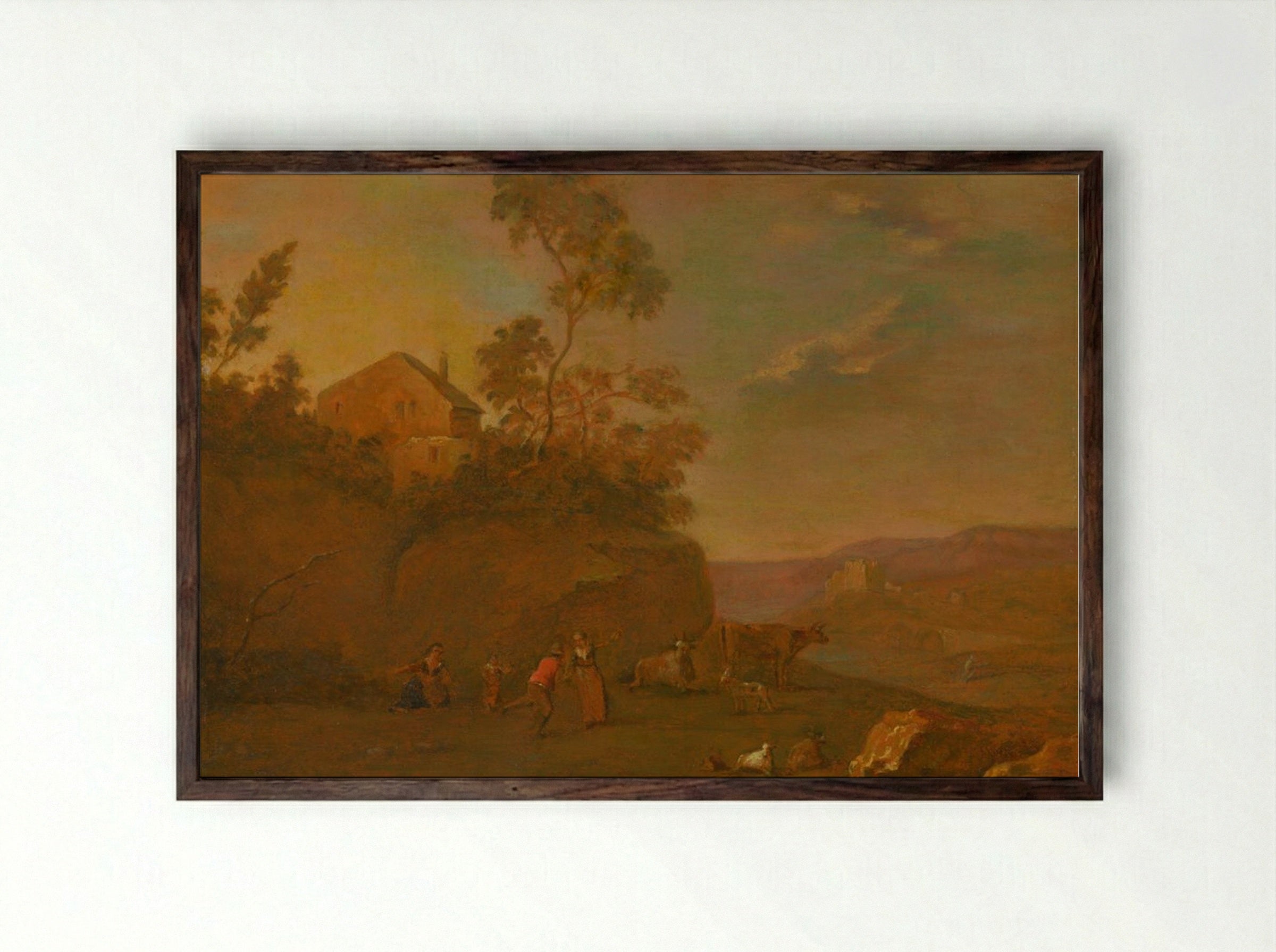 Early Evening: Landscape with Figures and Cattle - Thomas Gainsborough - Framed Print Dark Wood