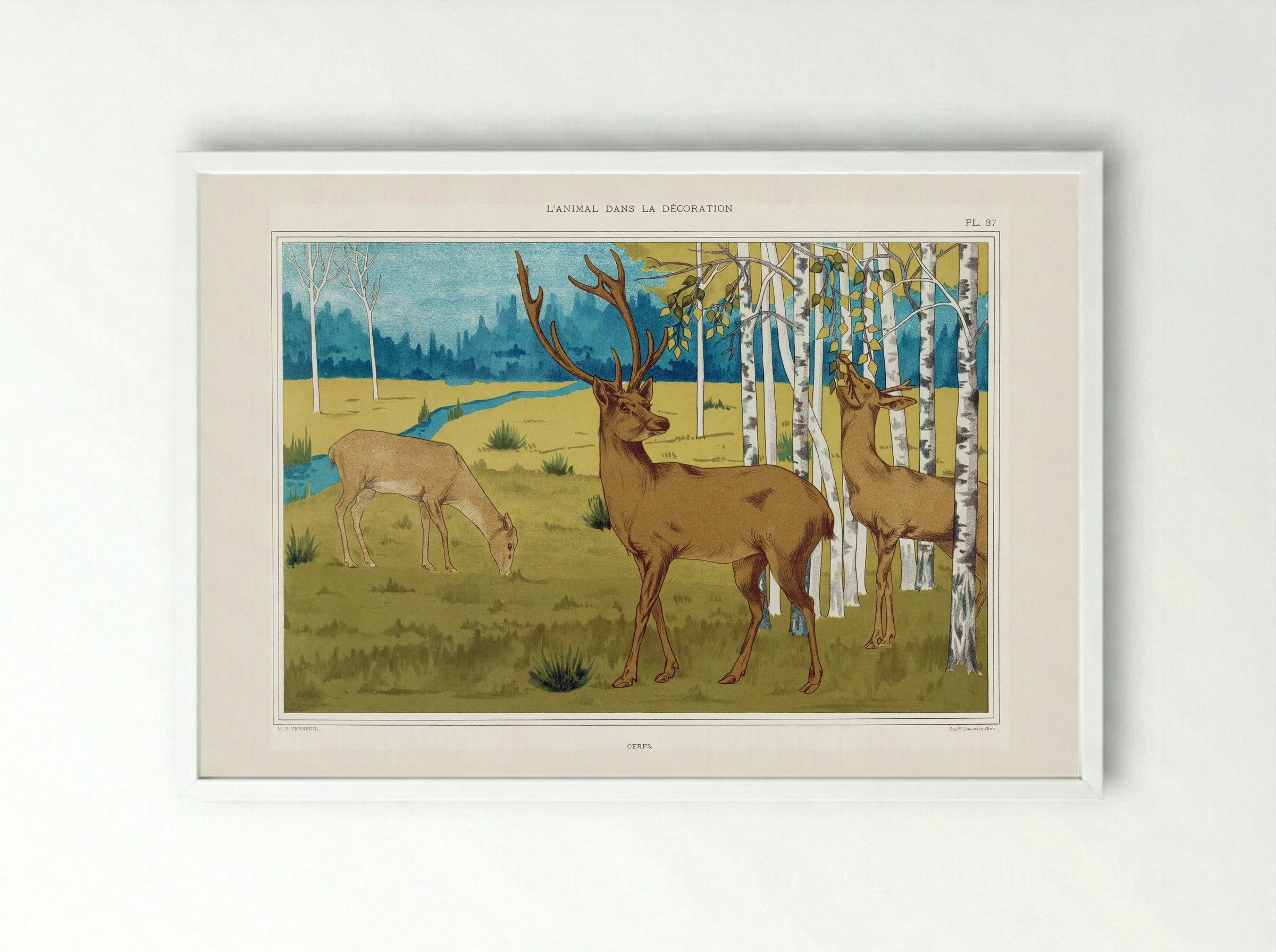 Cerfs (Deer in a Landscape) - Maurice Pillard Verneuil - Framed Print White