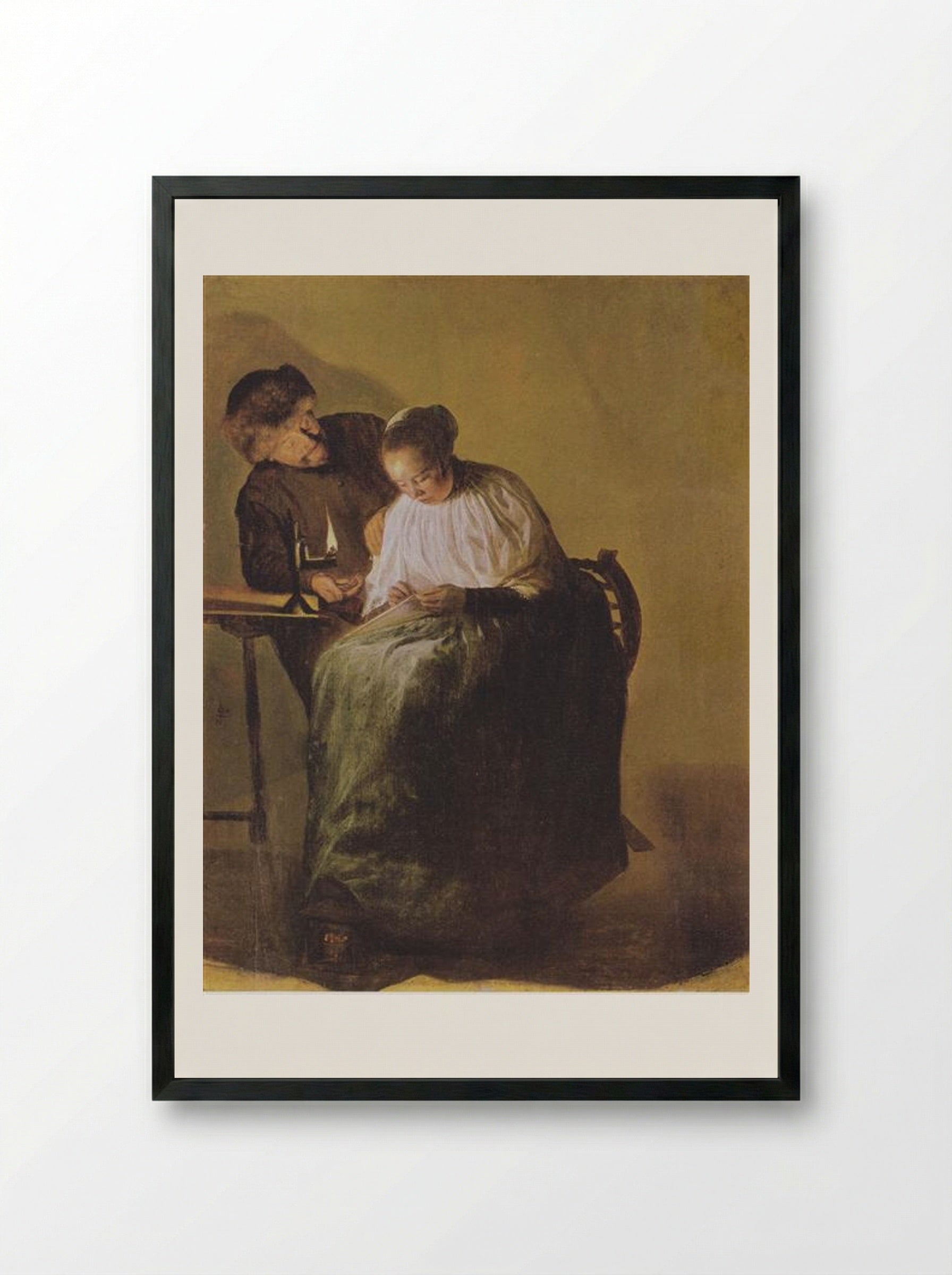 A Man Offering Money to a Young Woman - Judith Leyster - Framed Print Black