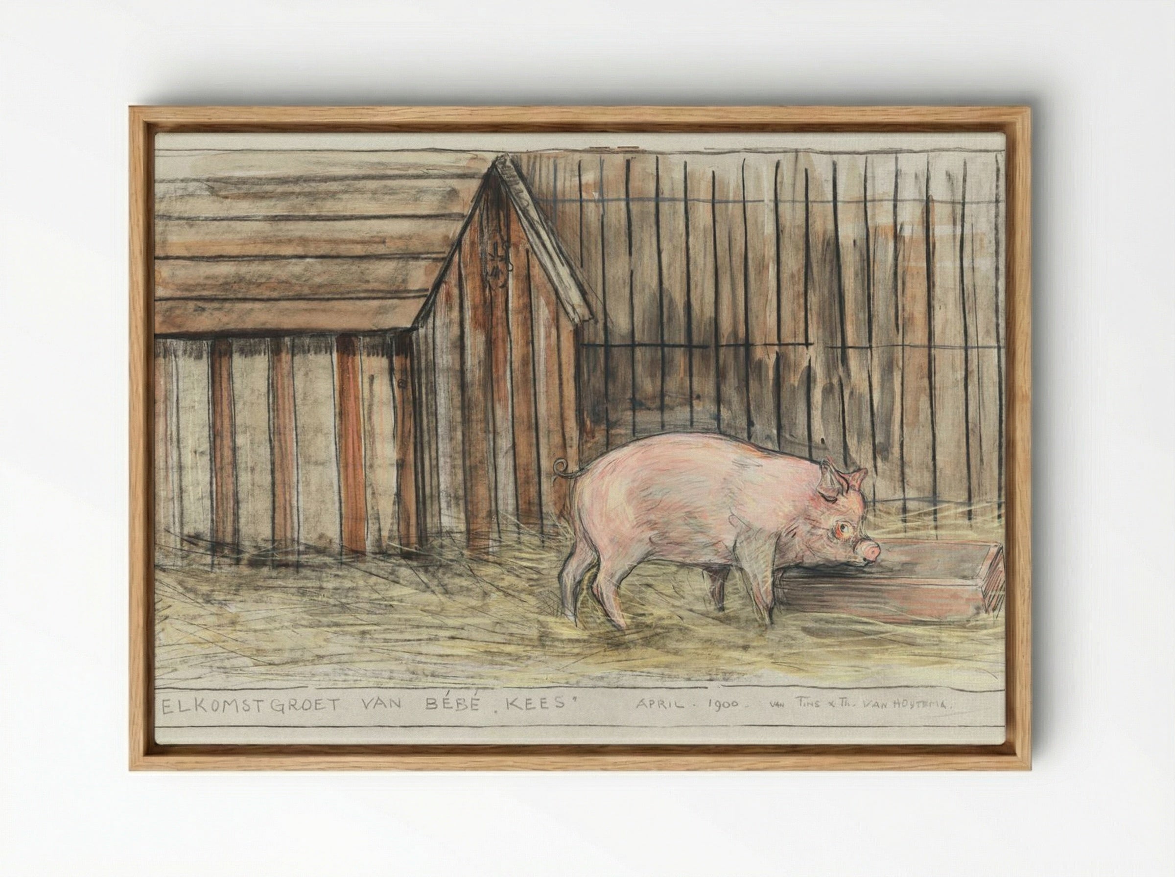 Varken Voor zijn kot bij een trog (Pig Before its Pen by a Trough) - Theo van Hoytema - Framed Canvas Wood