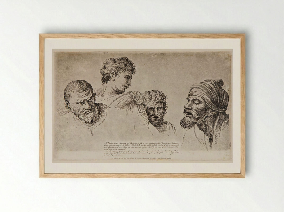 Four Heads from the Raphael Cartoons at Hampton Court - William Hogarth - Framed Print Wood