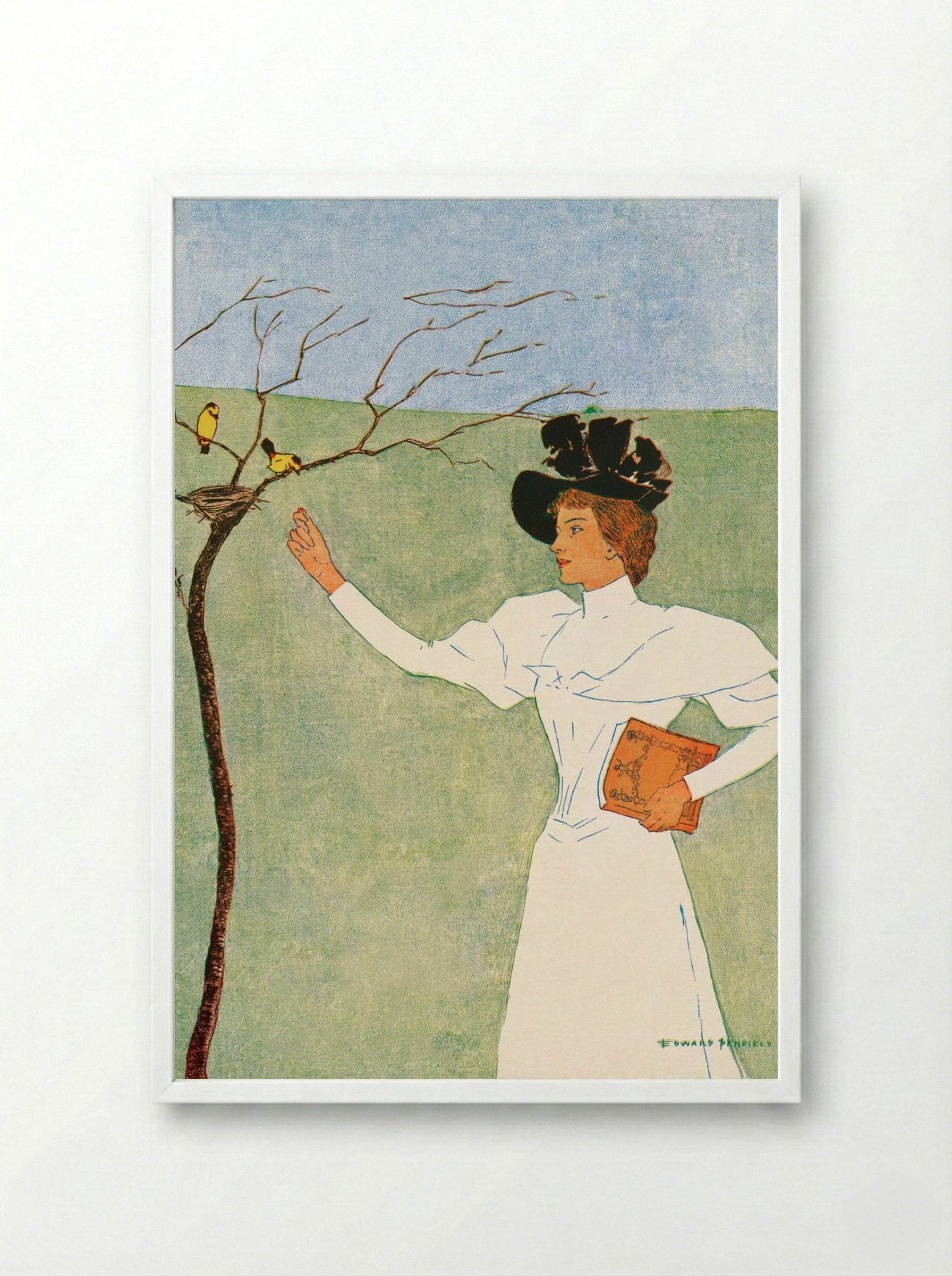 Woman Reaching for Birds - Edward Penfield - Framed Print White