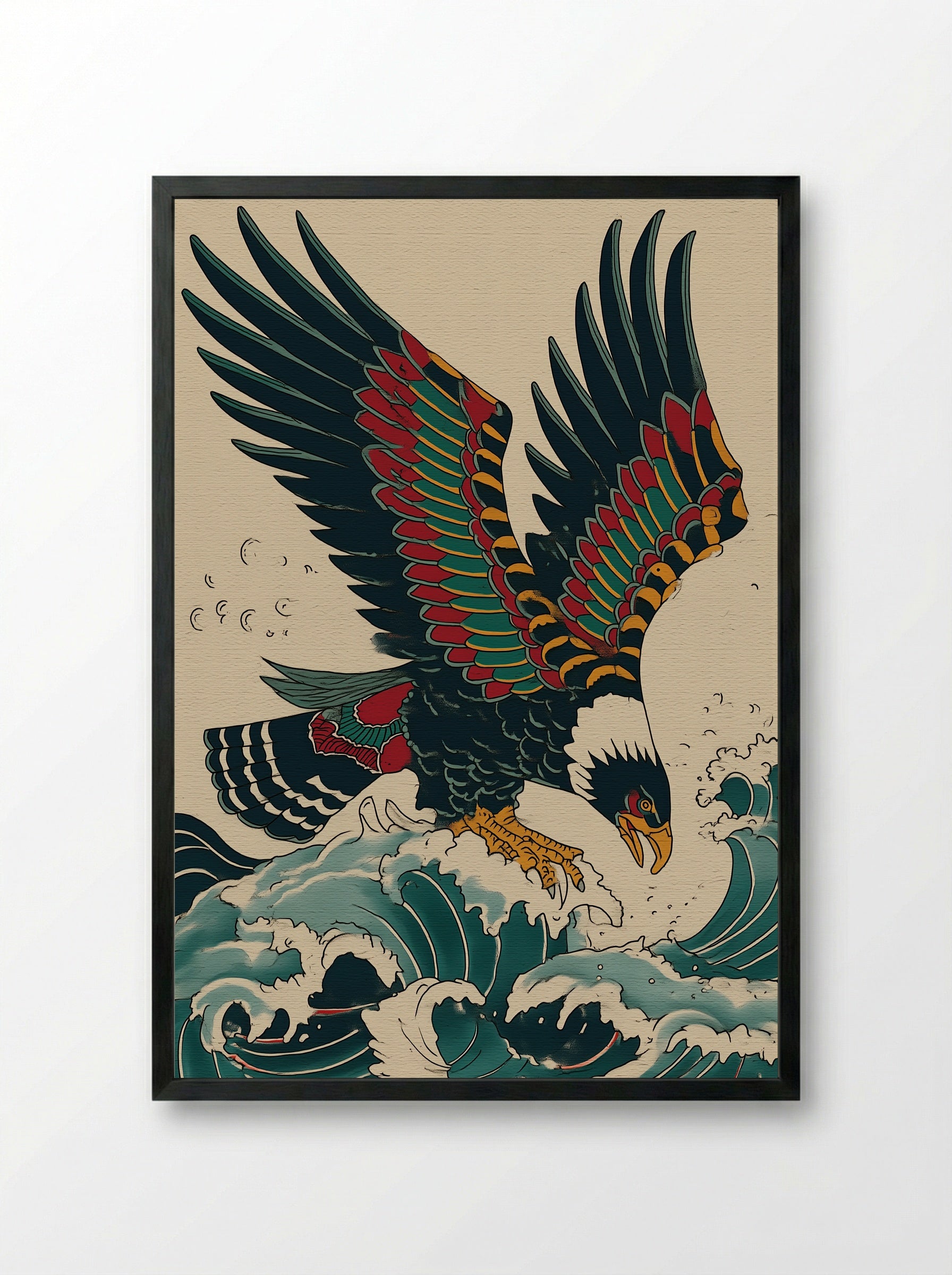 Eagle Over Waves - Japanese Inspired Art Print - Framed Print Black
