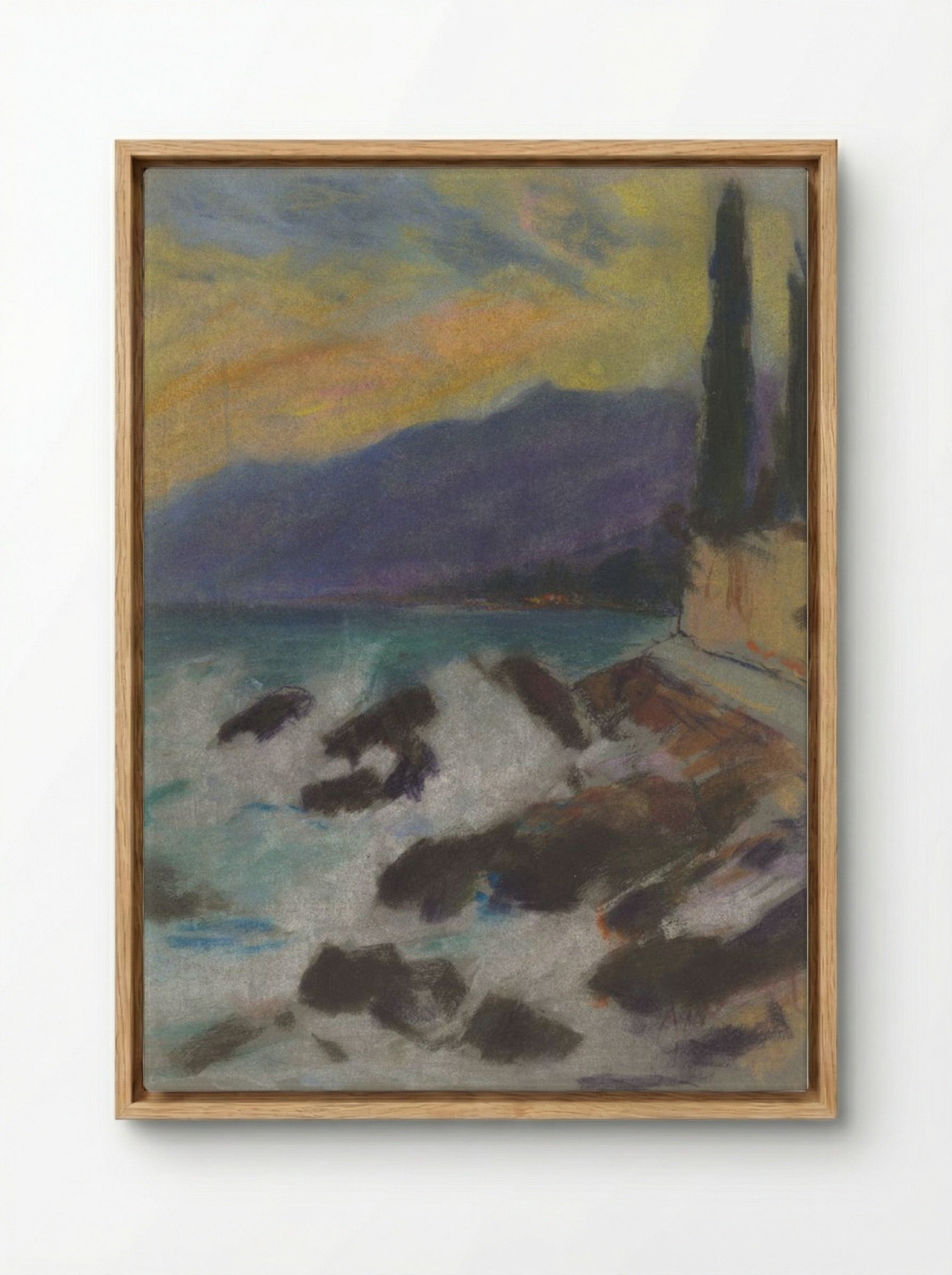 Rocky Seashore with Cypresses - Zolo Palugyay - Framed Canvas Wood