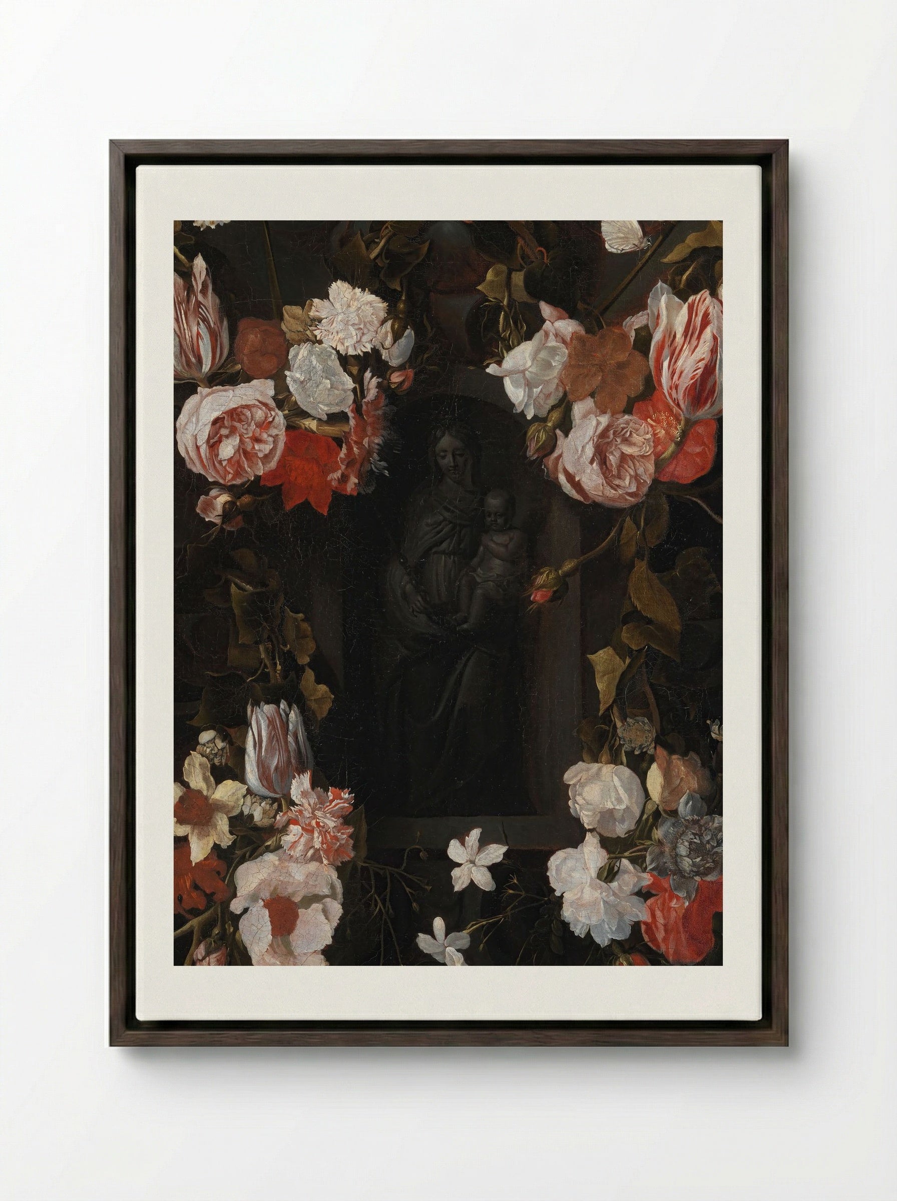 A Flower-Wreathed Niche with a Stone Figure of the Madonna - Fine Art Print - Framed Canvas Dark Wood
