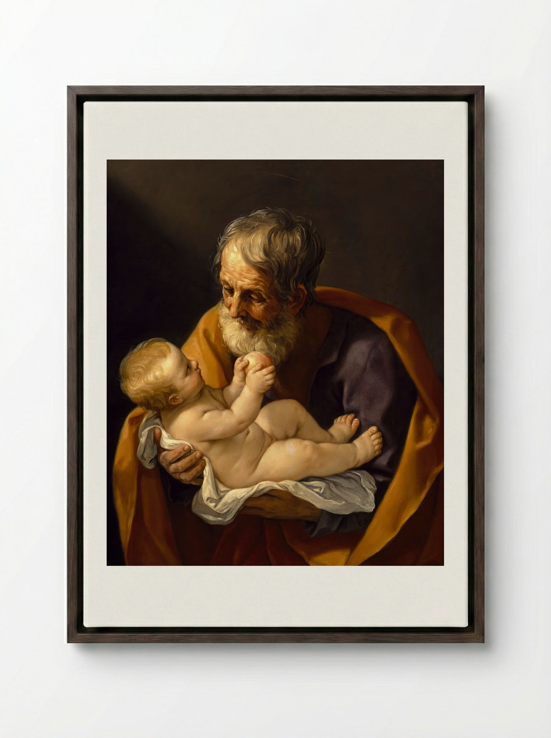 Saint Joseph and the Christ Child - Guido Reni - Framed Canvas Dark Wood