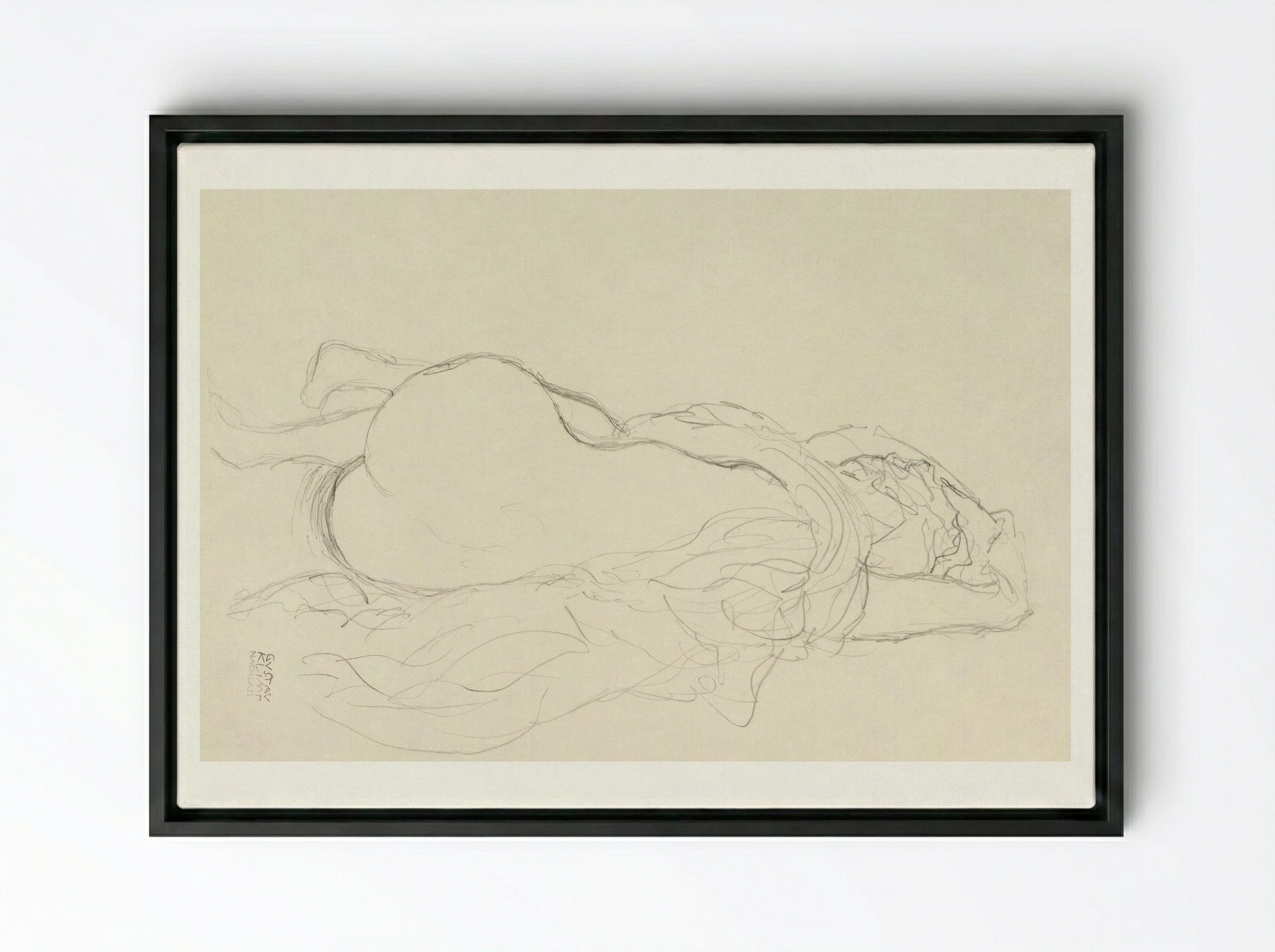 Reclining Nude with Drapery, Back View - Gustav Klimt - Framed Canvas Black