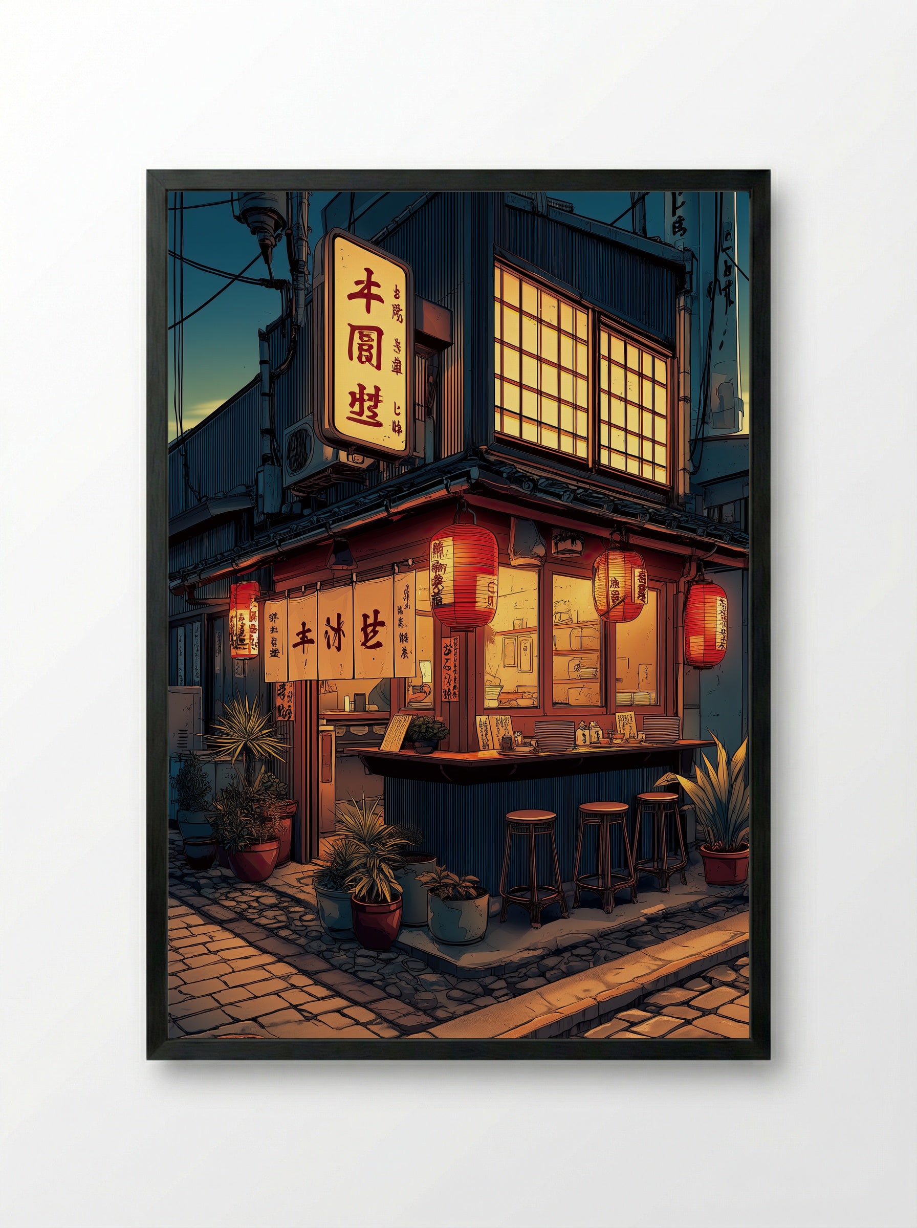 Evening at the Tofu Bar – A Tokyo Corner Shop Glow - Framed Print Black