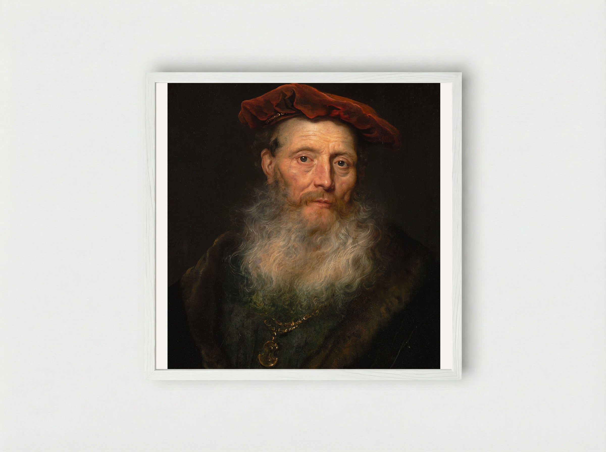 Bearded Man with a Velvet Cap - Govert Flinck - Framed Print White