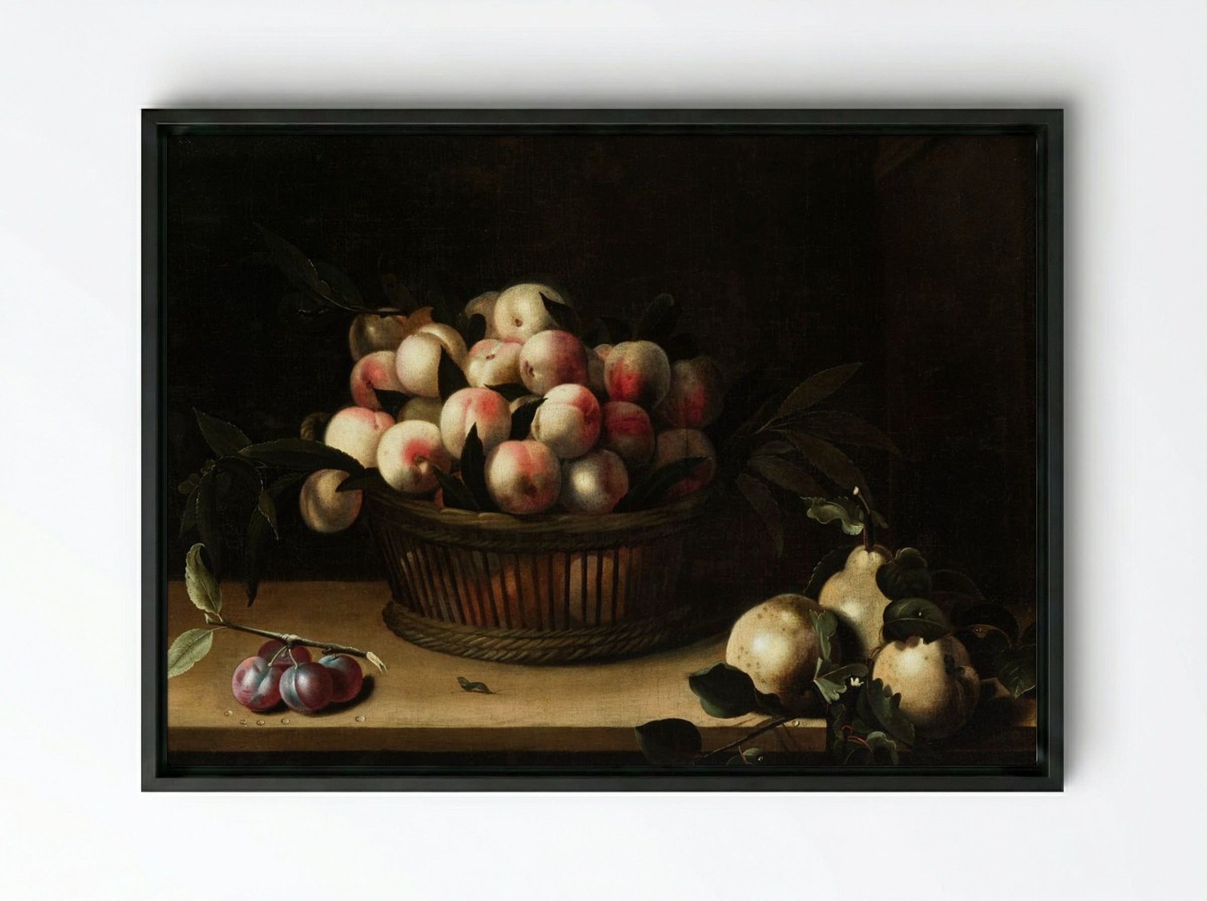 Basket of Peaches with Quinces and Plums - Louise Moillon - Framed Canvas Black