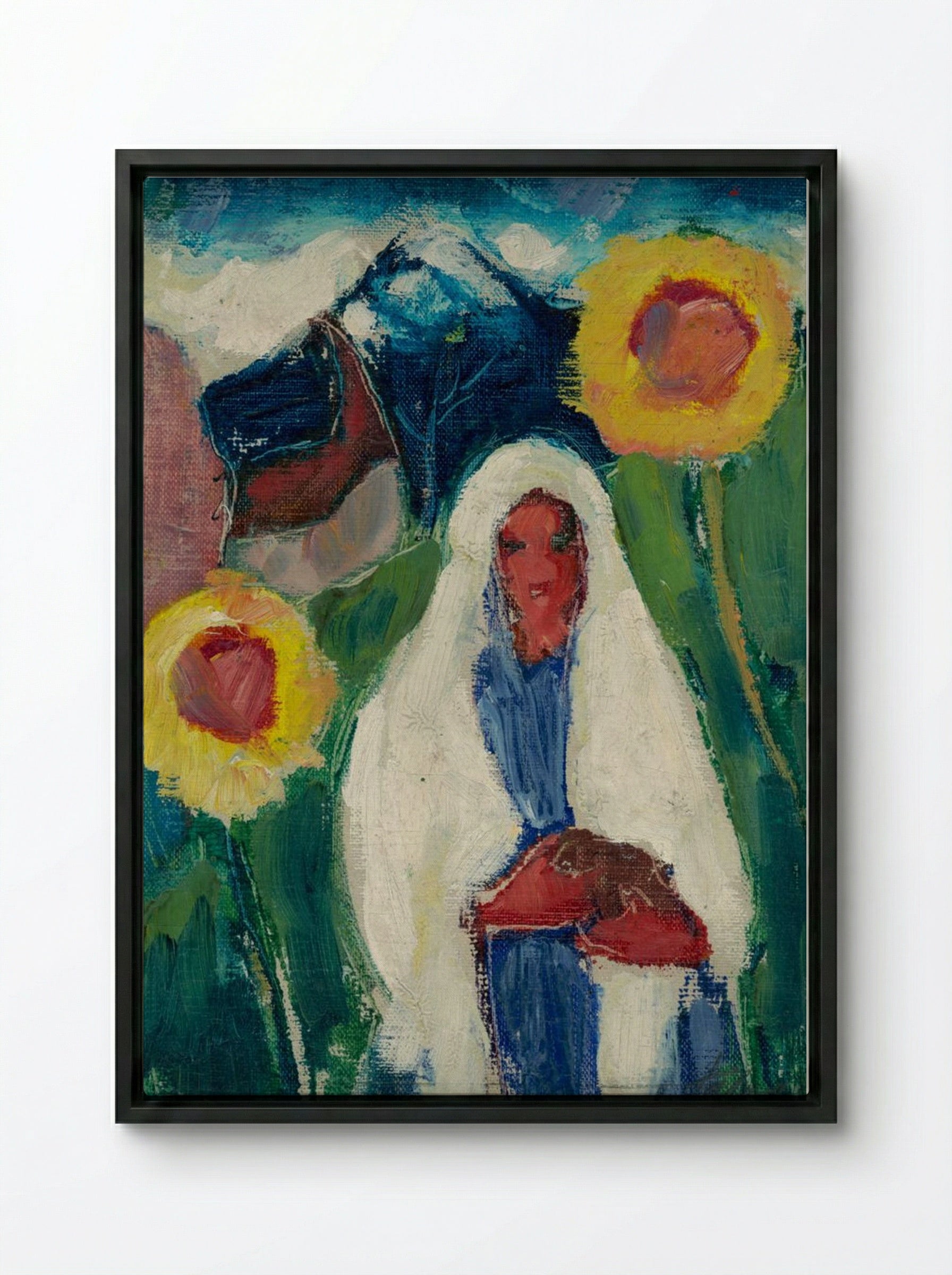 Sketch of a Woman Among Sunflowers - Zolo Palugyay - Framed Canvas Black