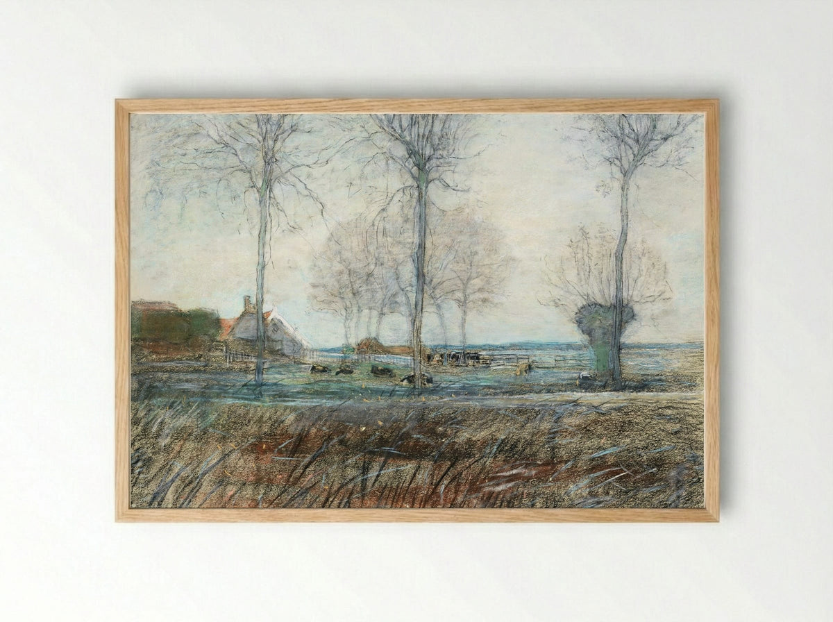 Farm Setting, Three Tall Trees in the Foreground - Piet Mondrian - Framed Print Wood