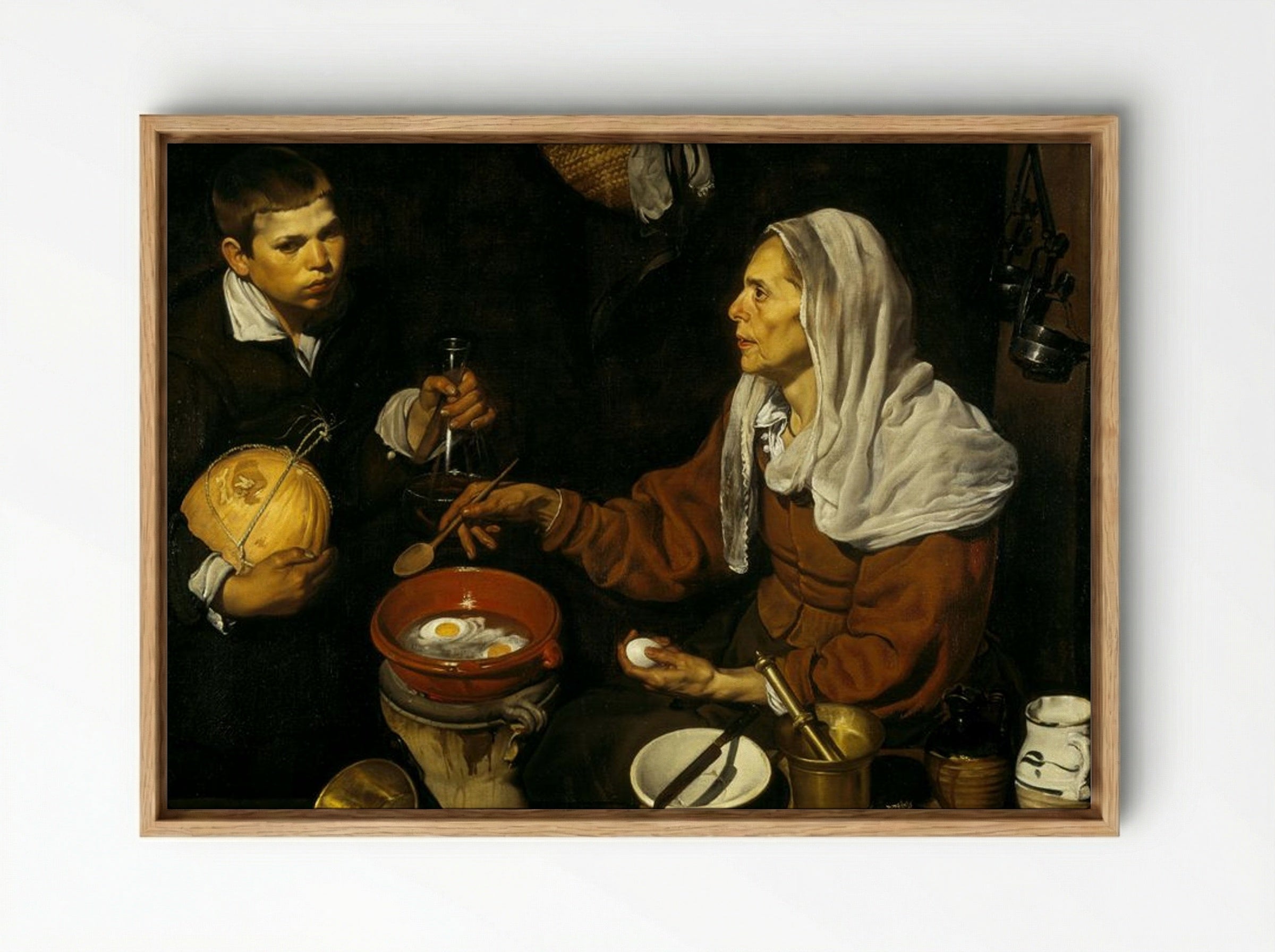 Vieja friendo huevos (Old Woman Frying Eggs) - Diego Velázquez - Framed Canvas Wood