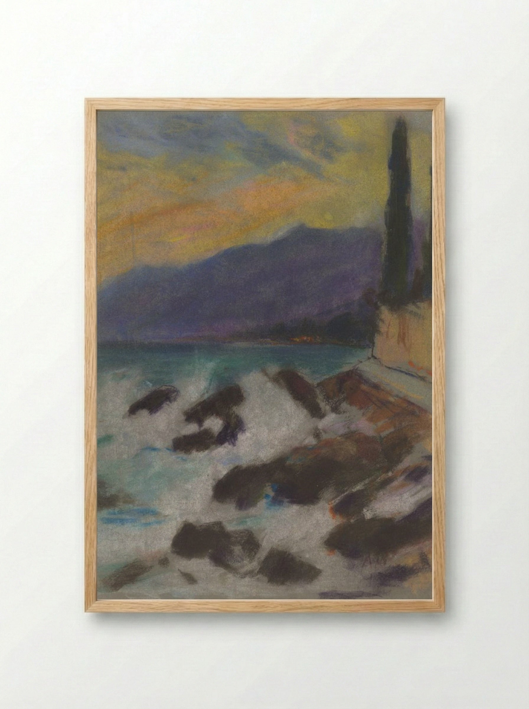 Rocky Seashore with Cypresses - Zolo Palugyay - Framed Print Wood