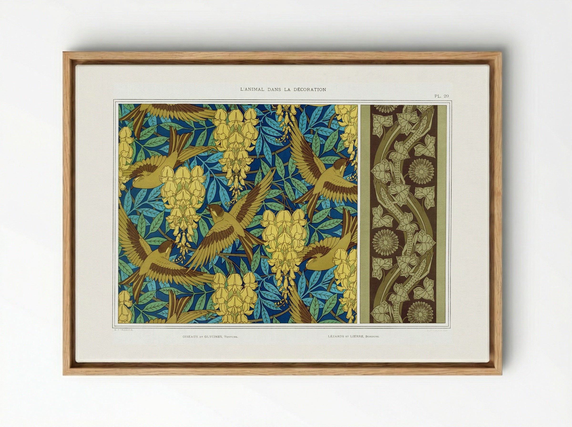Oiseaux et Glycines, Tenture; Lézards et Lierre, Bordure - Maurice Pillard Verneuil - Framed Canvas Wood
