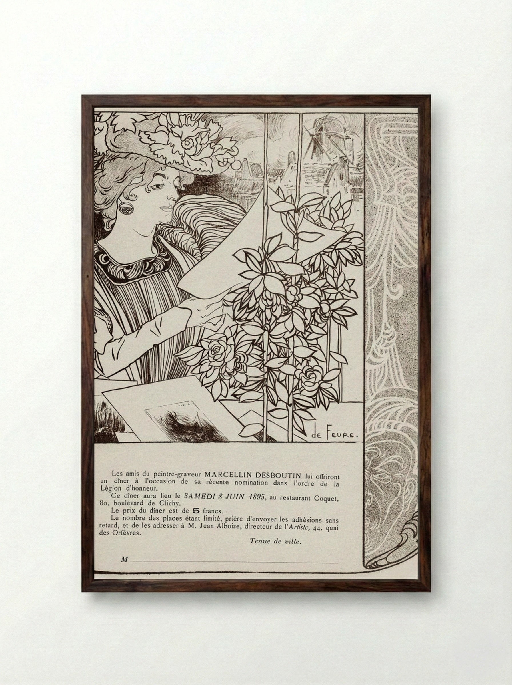 Invitation for a Dinner in Honour of Marcellin Desboutin - Georges de Feure - Framed Print Dark Wood