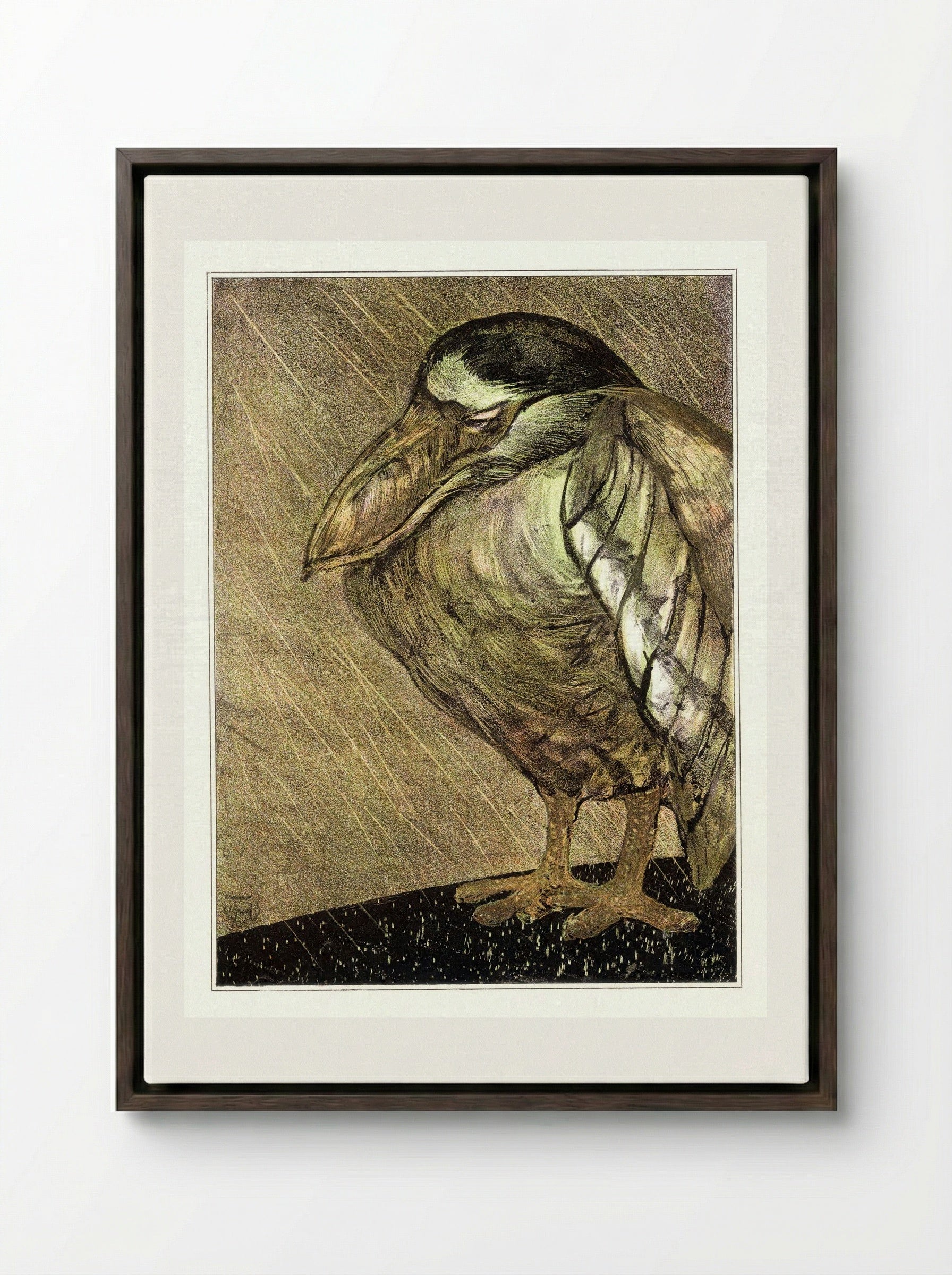 Schuitbekreiger in de regen (Night Heron in the Rain) - Theodorus van Hoytema - Framed Canvas Dark Wood