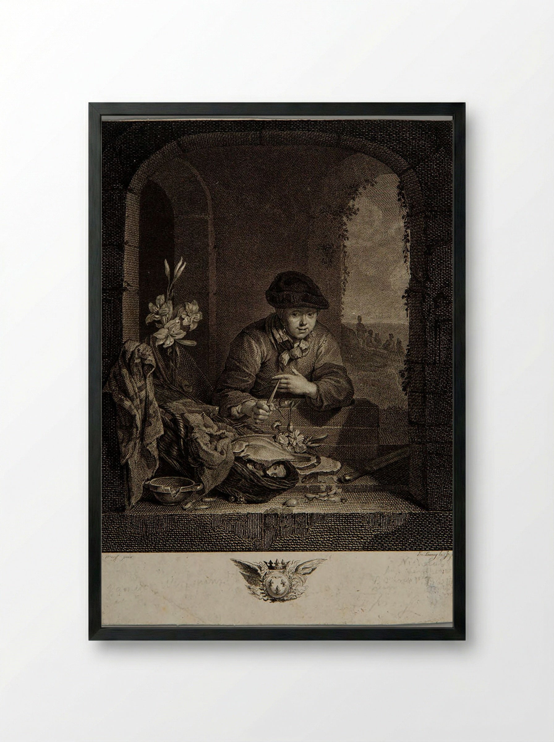 Woman with a Basket of Fish - Jacques-Philippe Le Bas - Framed Print Black