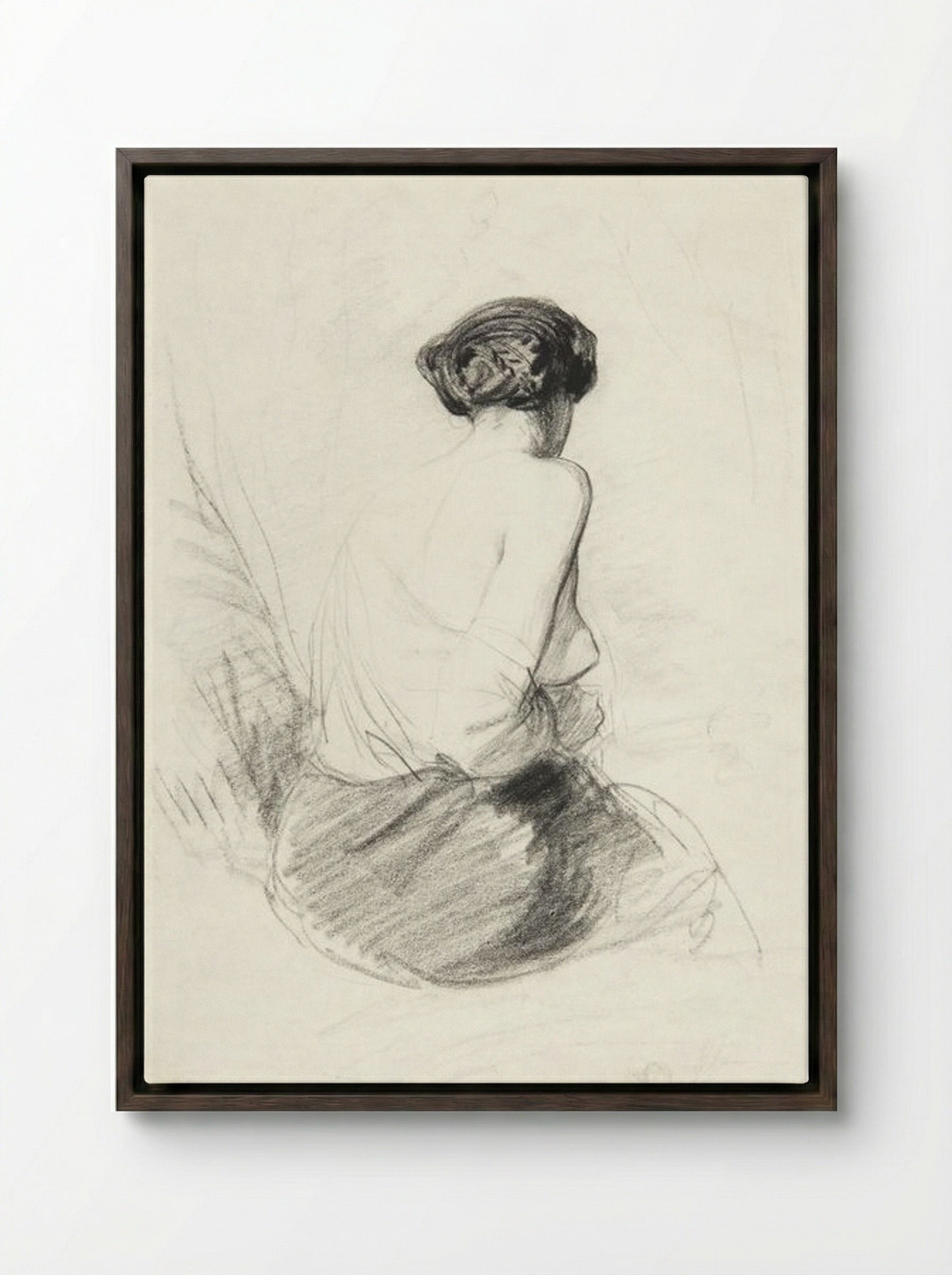 Woman Seated, Seen from Back (Nude Study) - Paul Gavarni - Framed Canvas Dark Wood