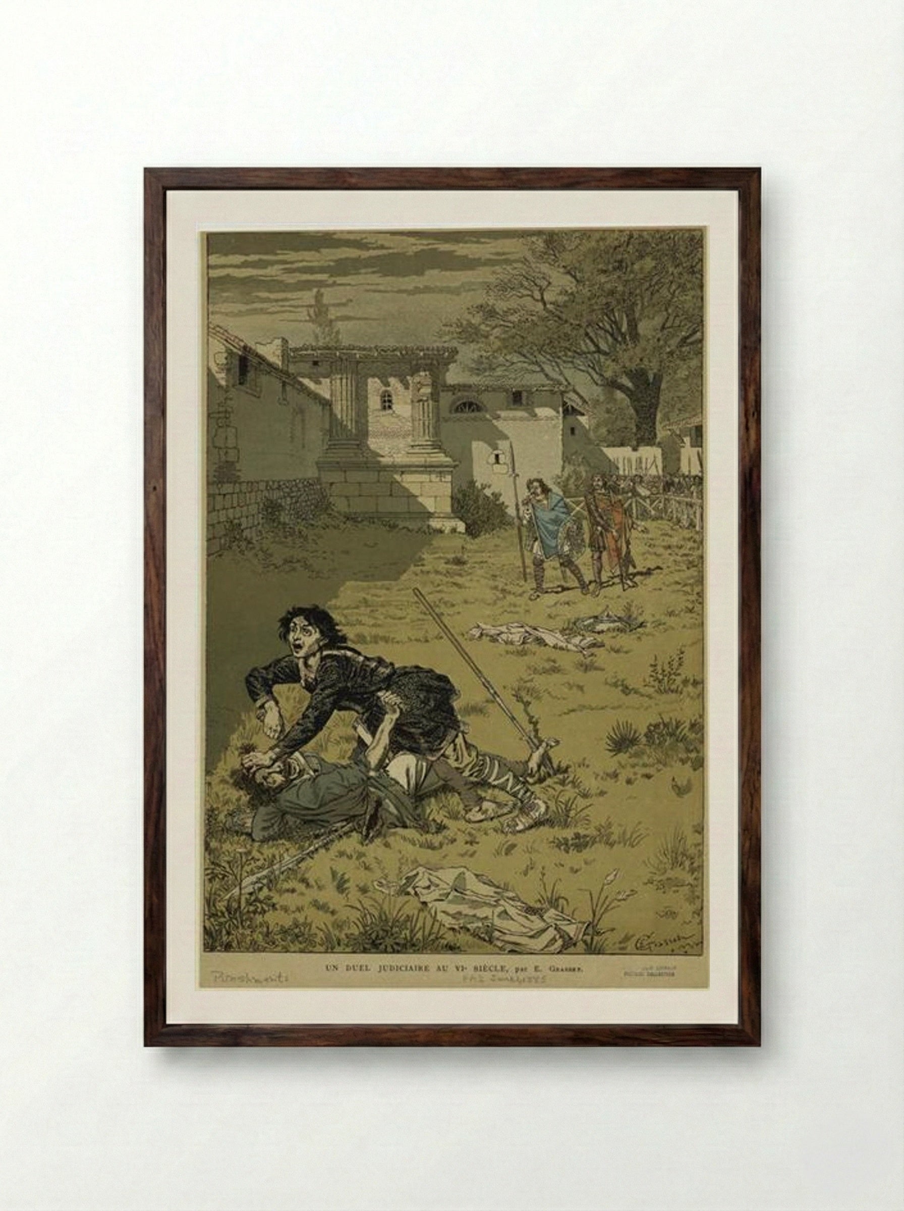 Un duel judiciaire au VIe siècle - Eugène Grasset - Framed Print Dark Wood