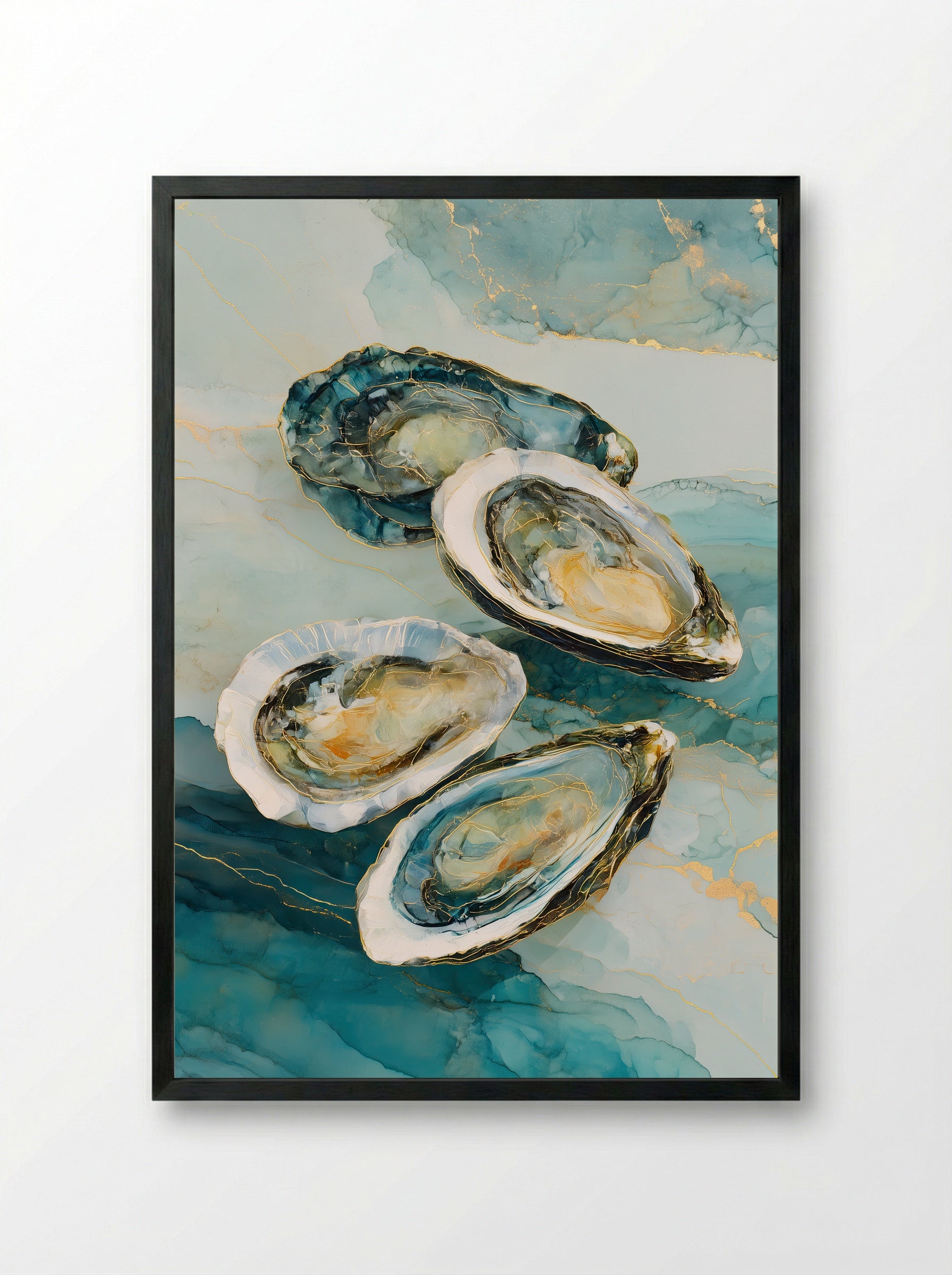 Coastal Oysters – Abstract Ocean Art Print in Teal and Gold - Framed Print Black