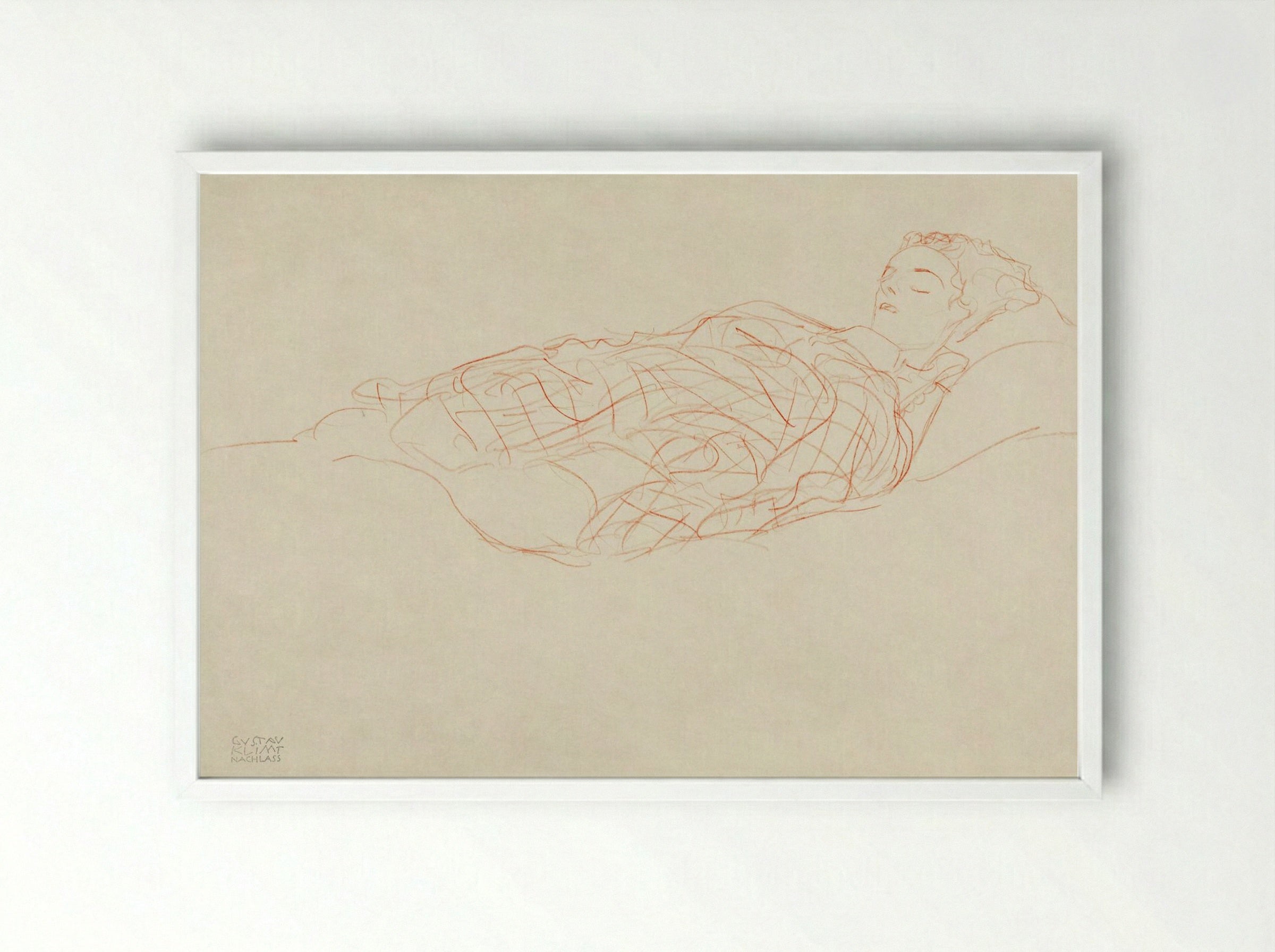 Study of a Woman Wrapped in a Plaid, Resting - Gustav Klimt - Framed Print White